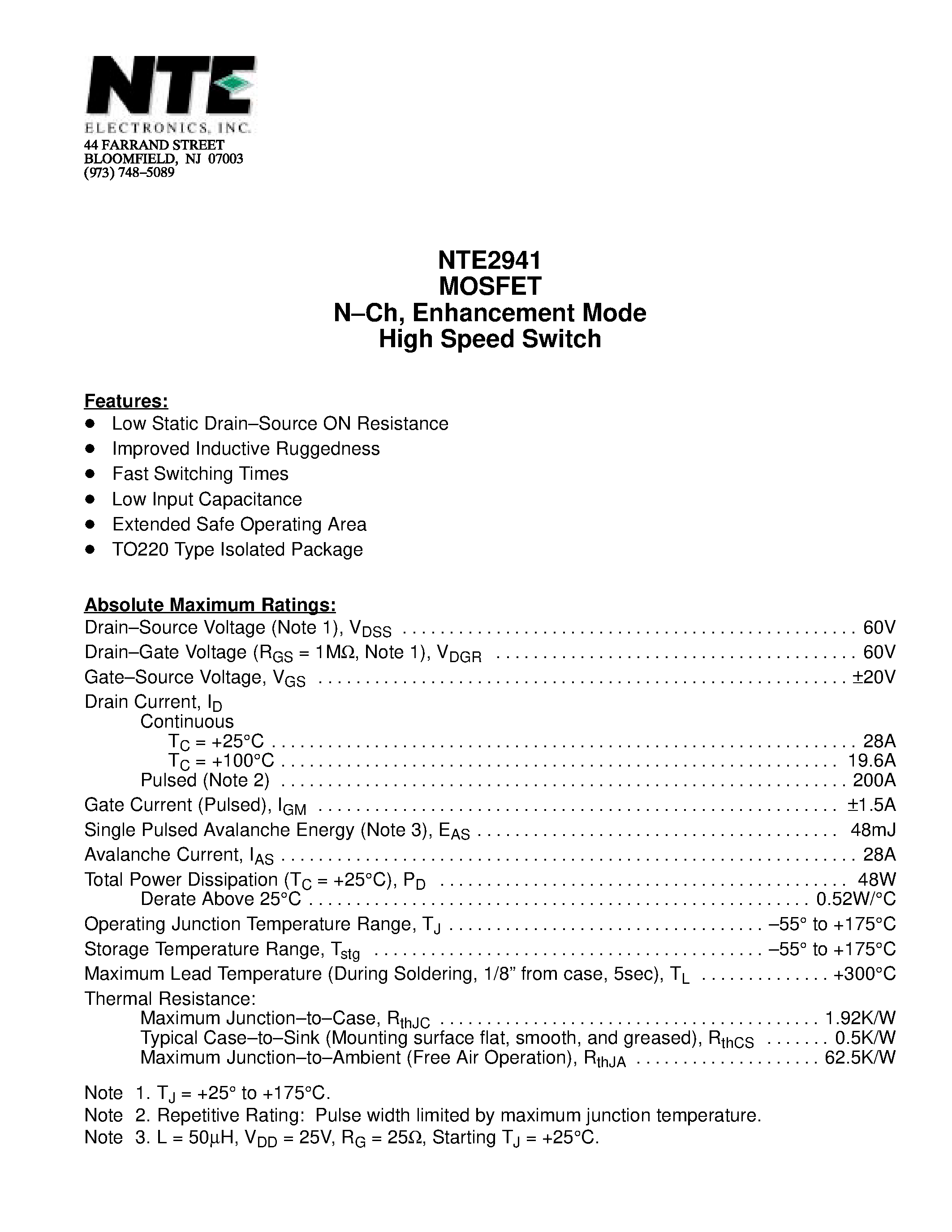 Datasheet NTE2941 - MOSFET N-Ch / Enhancement Mode High Speed Switch page 1