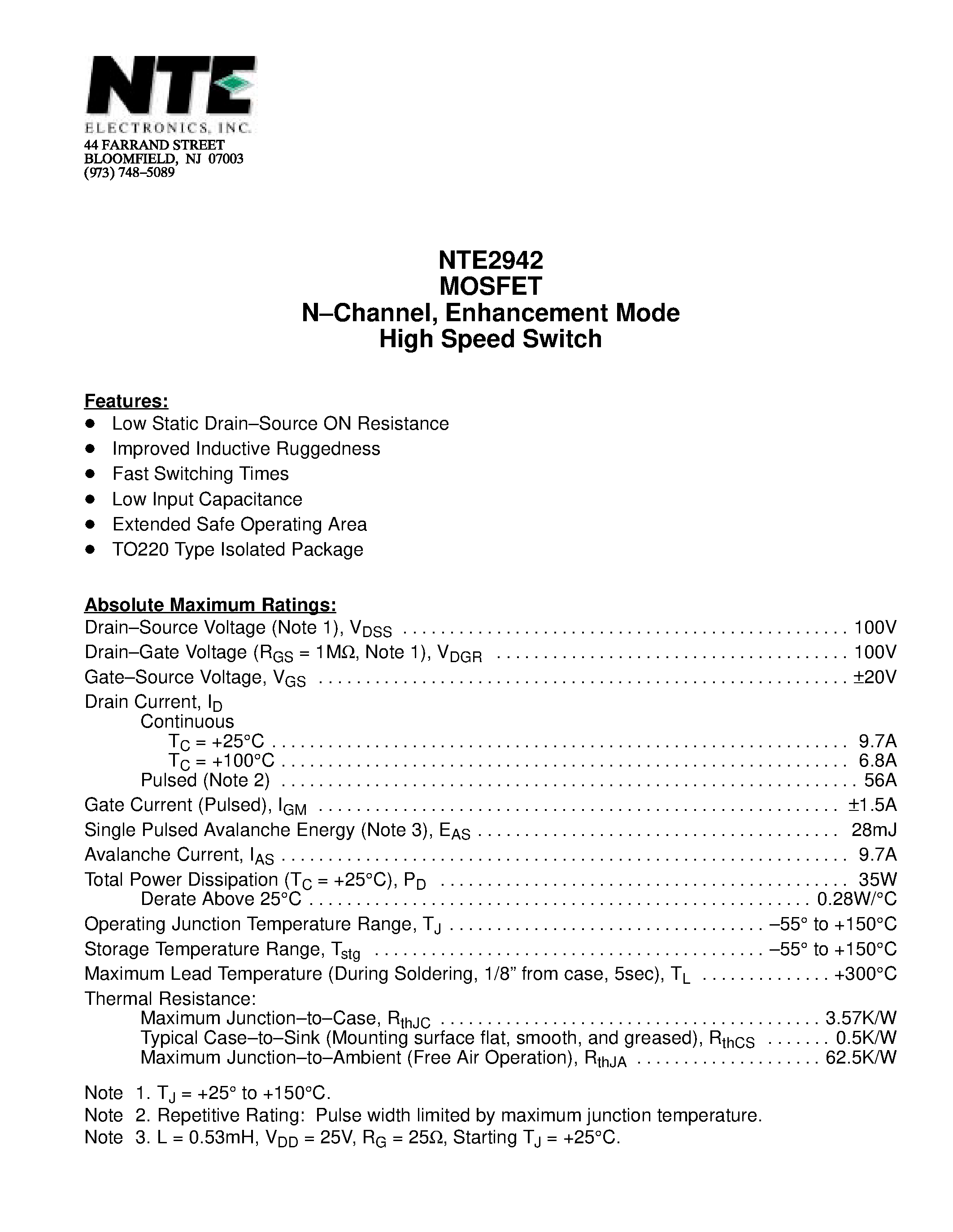 Datasheet NTE2942 - MOSFET N-Channel / Enhancement Mode High Speed Switch page 1