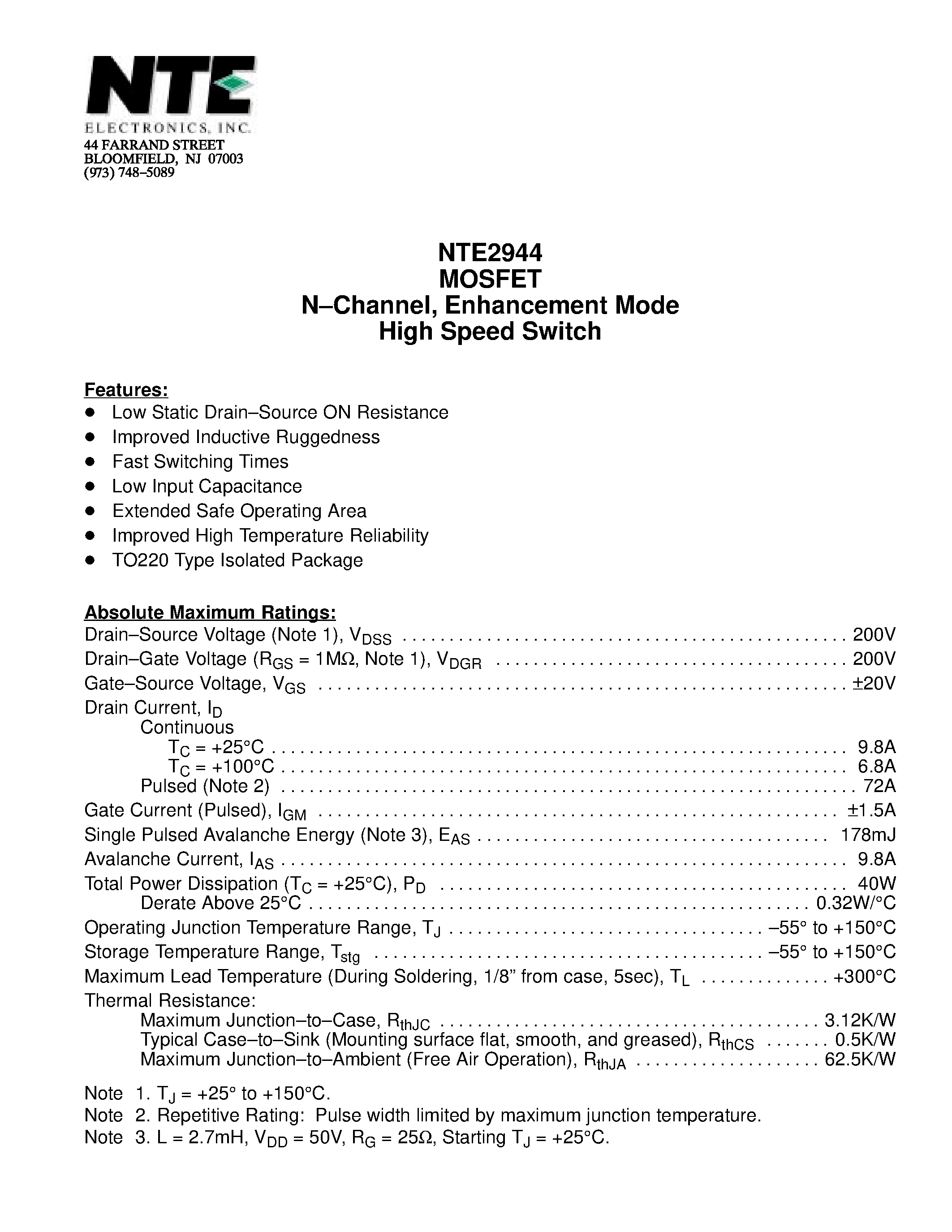 Datasheet NTE2944 - MOSFET N-Channel / Enhancement Mode High Speed Switch page 1