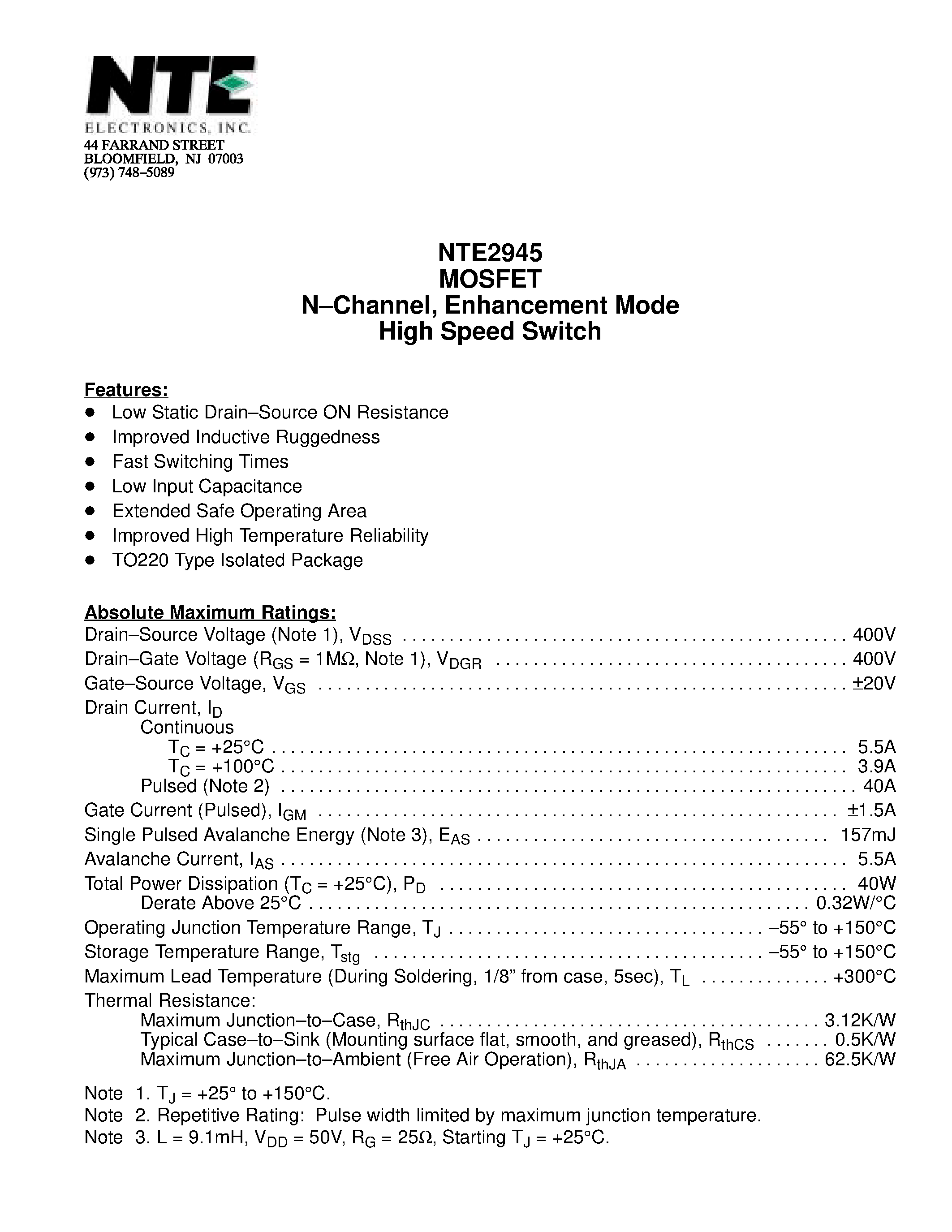 Datasheet NTE2945 - MOSFET N-Channel / Enhancement Mode High Speed Switch page 1