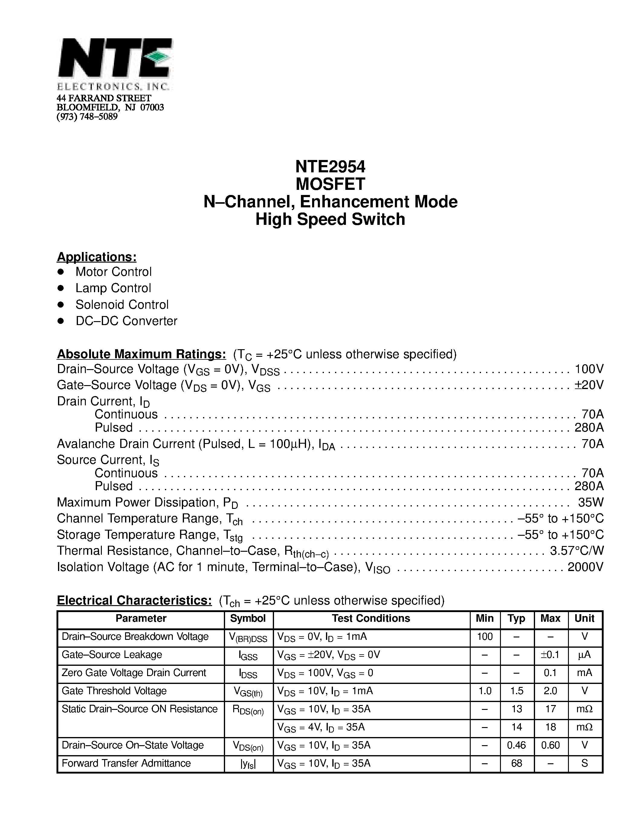 Datasheet NTE2954 - MOSFET N-Channel / Enhancement Mode High Speed Switch page 1