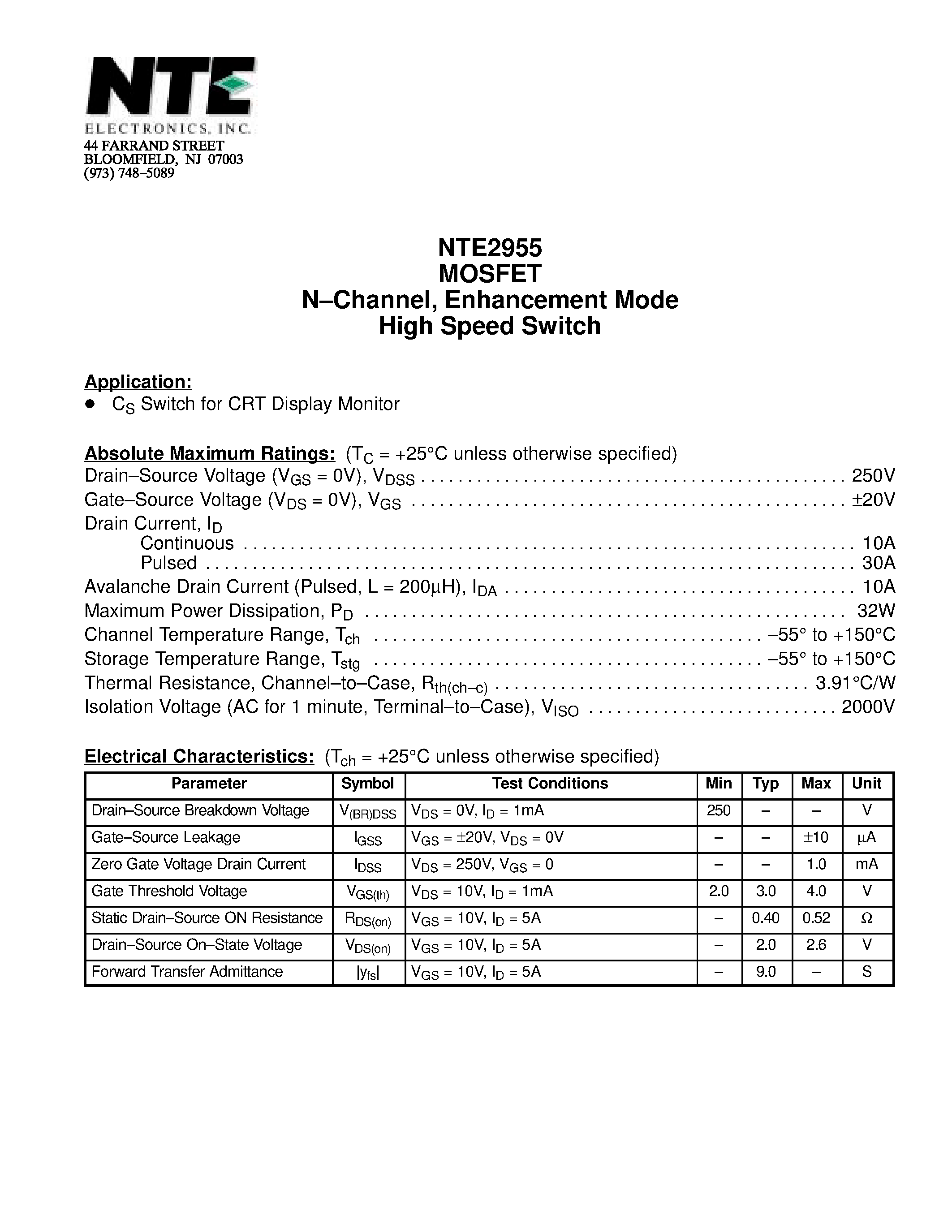 Datasheet NTE2955 - MOSFET N-Channel / Enhancement Mode High Speed Switch page 1