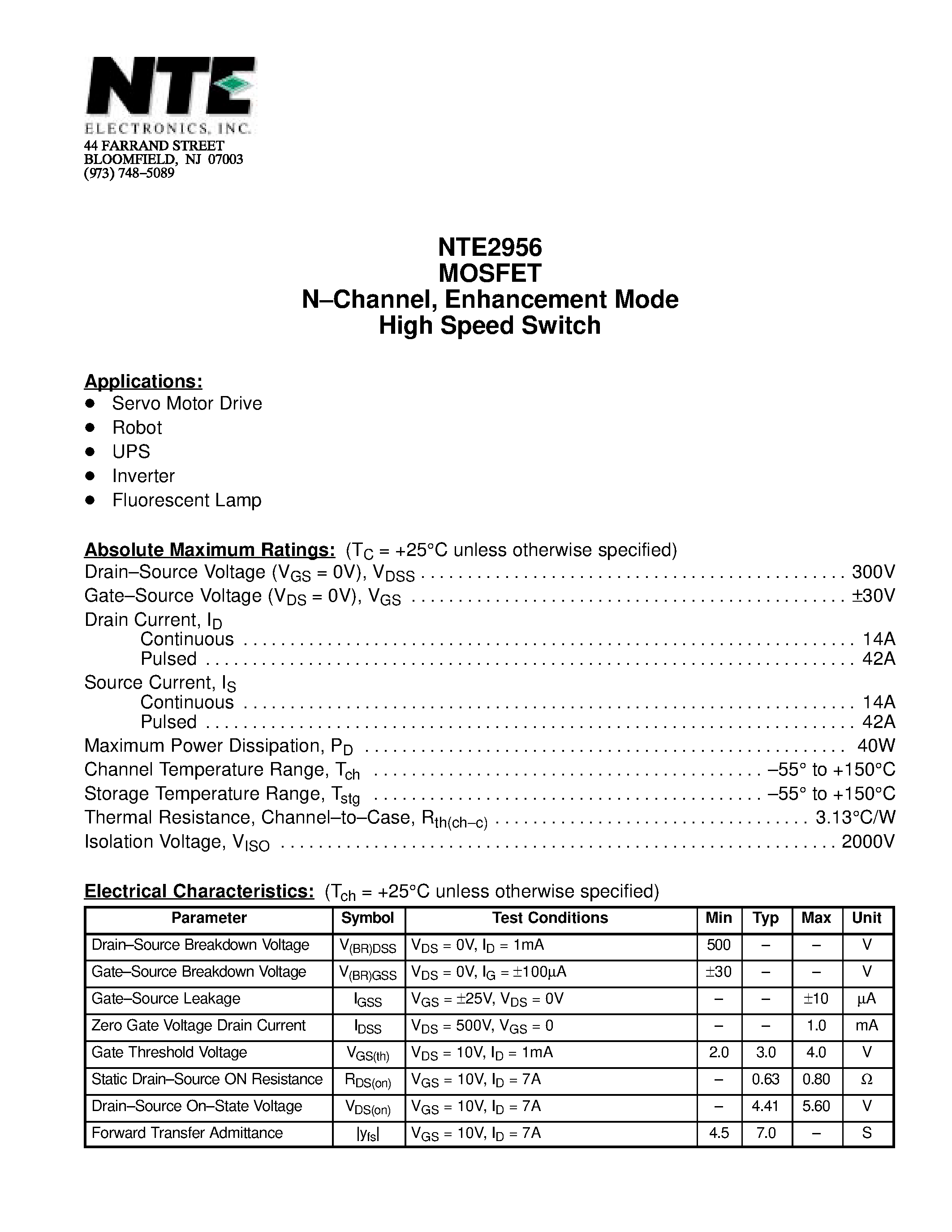 Datasheet NTE2956 - MOSFET N-Channel / Enhancement Mode High Speed Switch page 1
