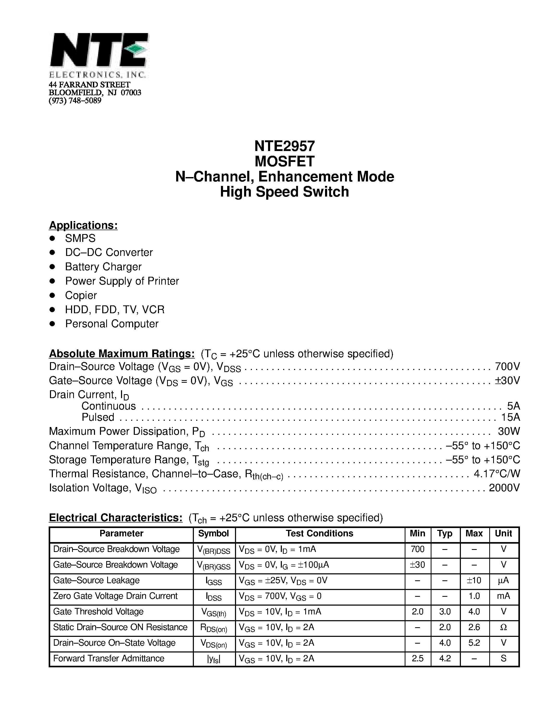 Datasheet NTE2957 - MOSFET N-Channel / Enhancement Mode High Speed Switch page 1
