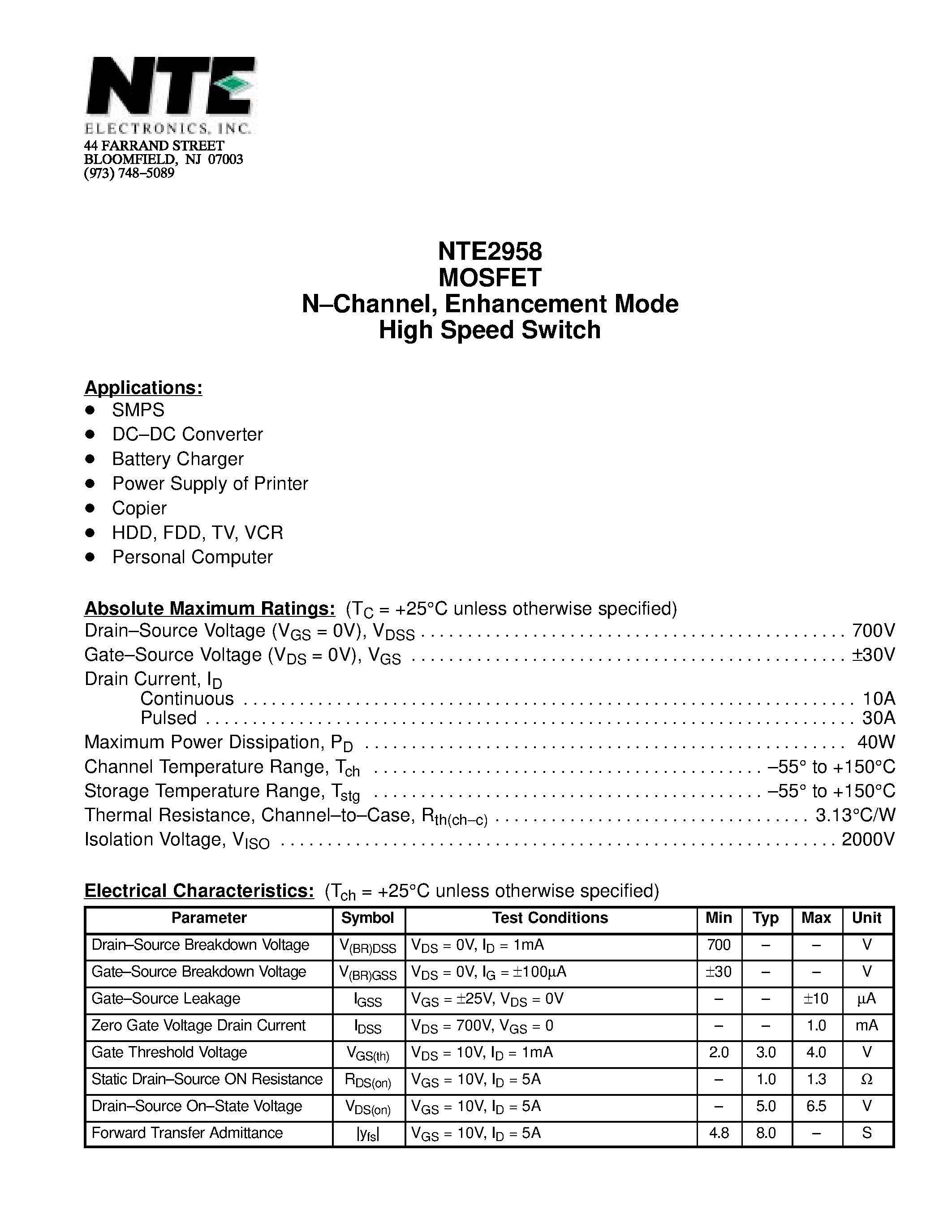 Datasheet NTE2958 - MOSFET N-Channel / Enhancement Mode High Speed Switch page 1
