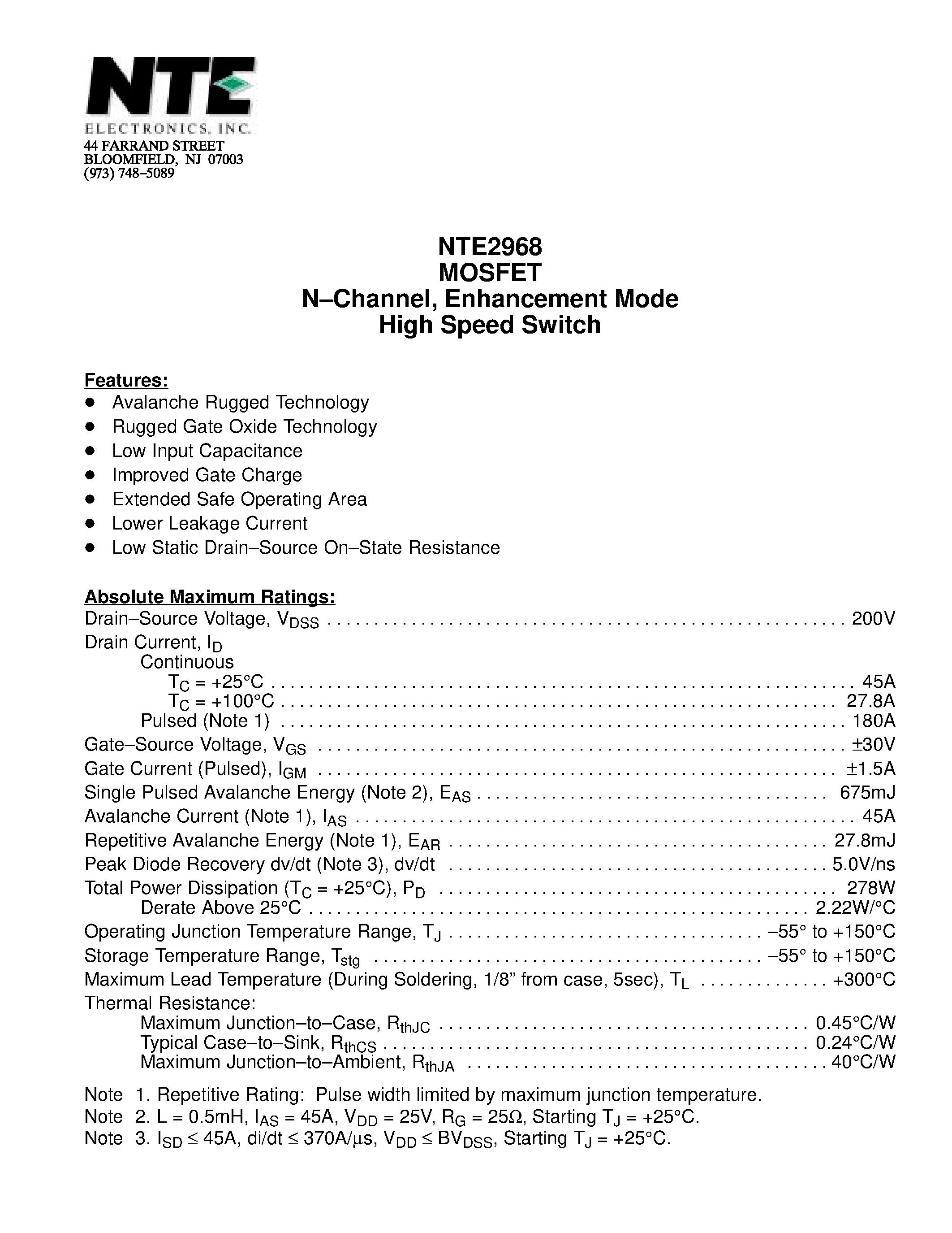 Datasheet NTE2968 - MOSFET N-Channel / Enhancement Mode High Speed Switch page 1