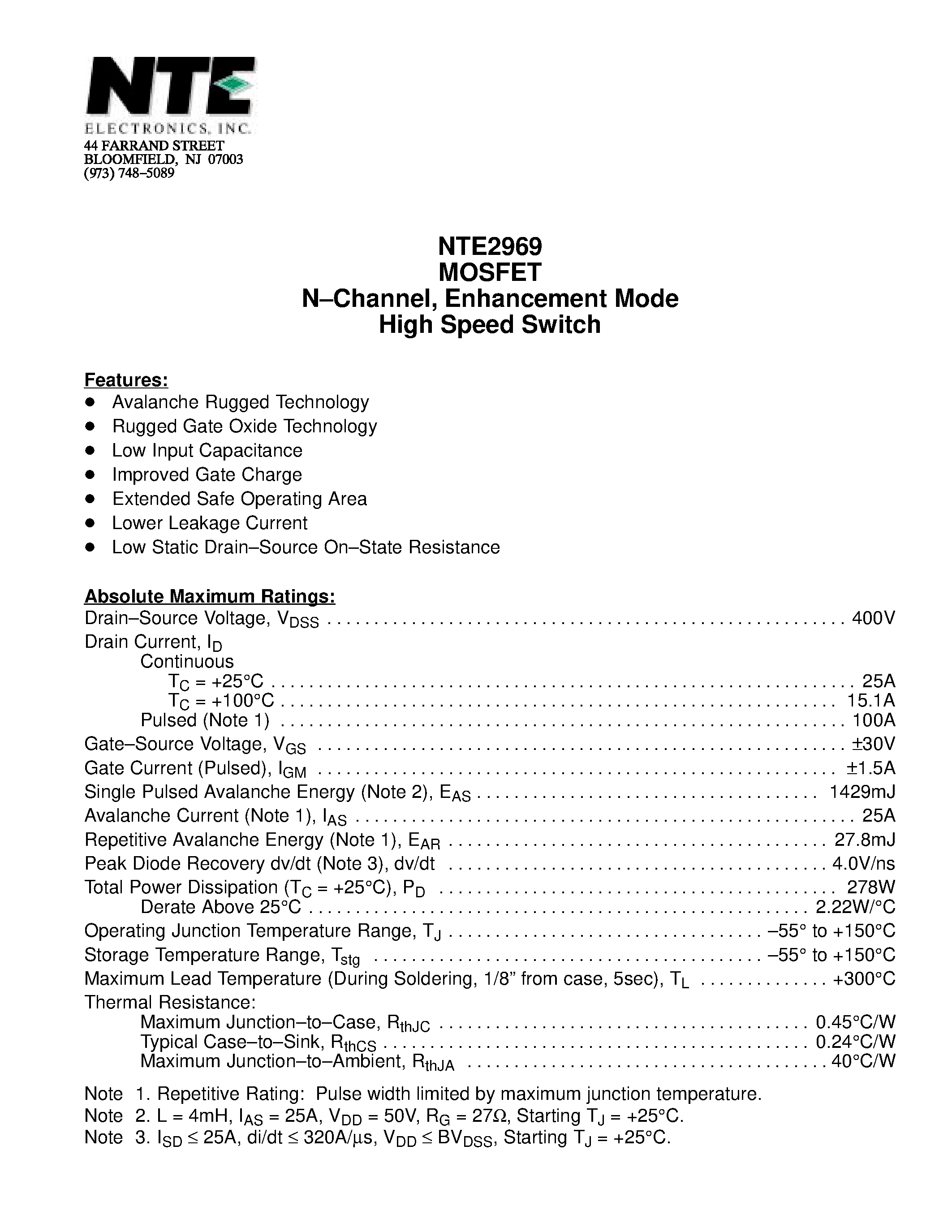 Datasheet NTE2969 - MOSFET N-Channel / Enhancement Mode High Speed Switch page 1