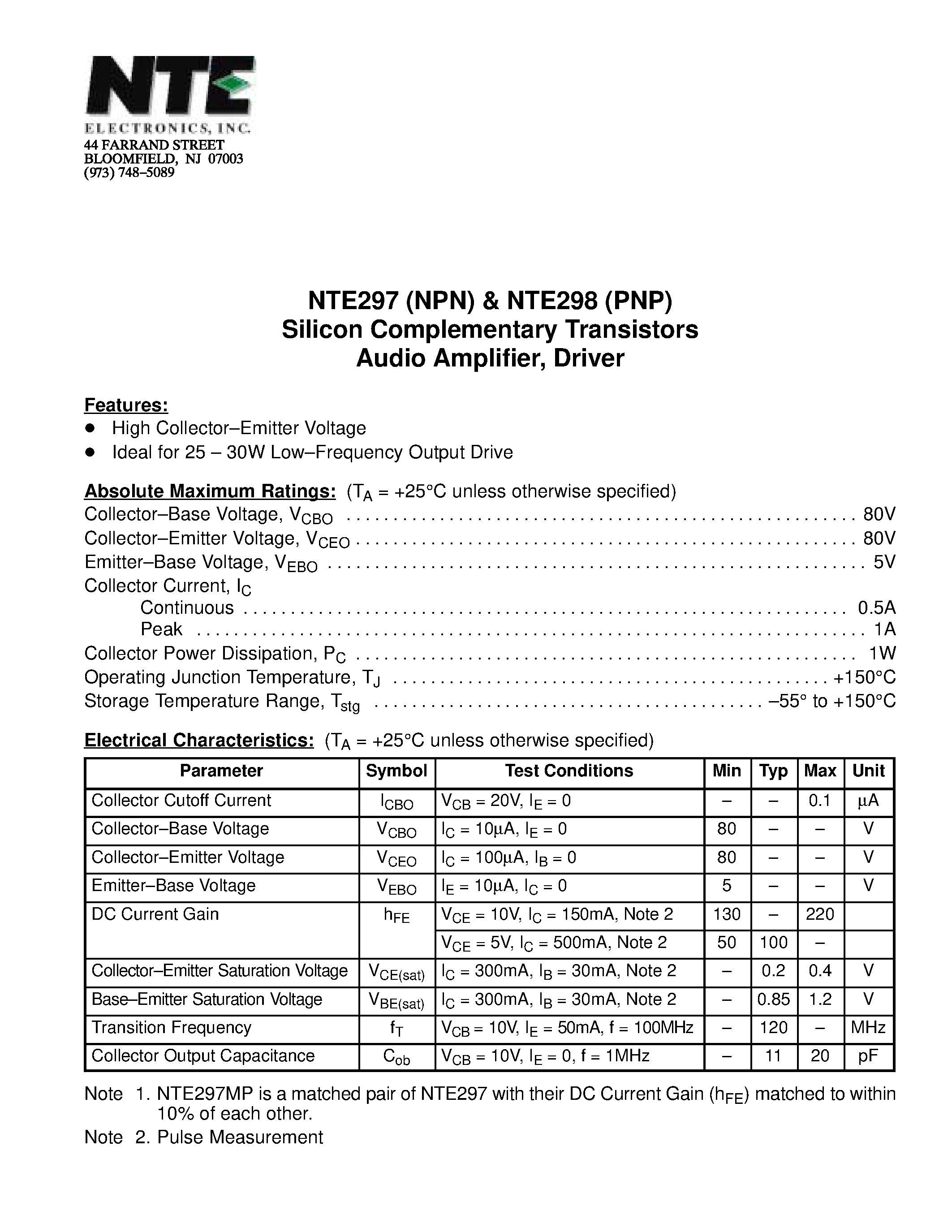 Datasheet NTE297 - Silicon Complementary Transistors Audio Amplifier / Driver page 1