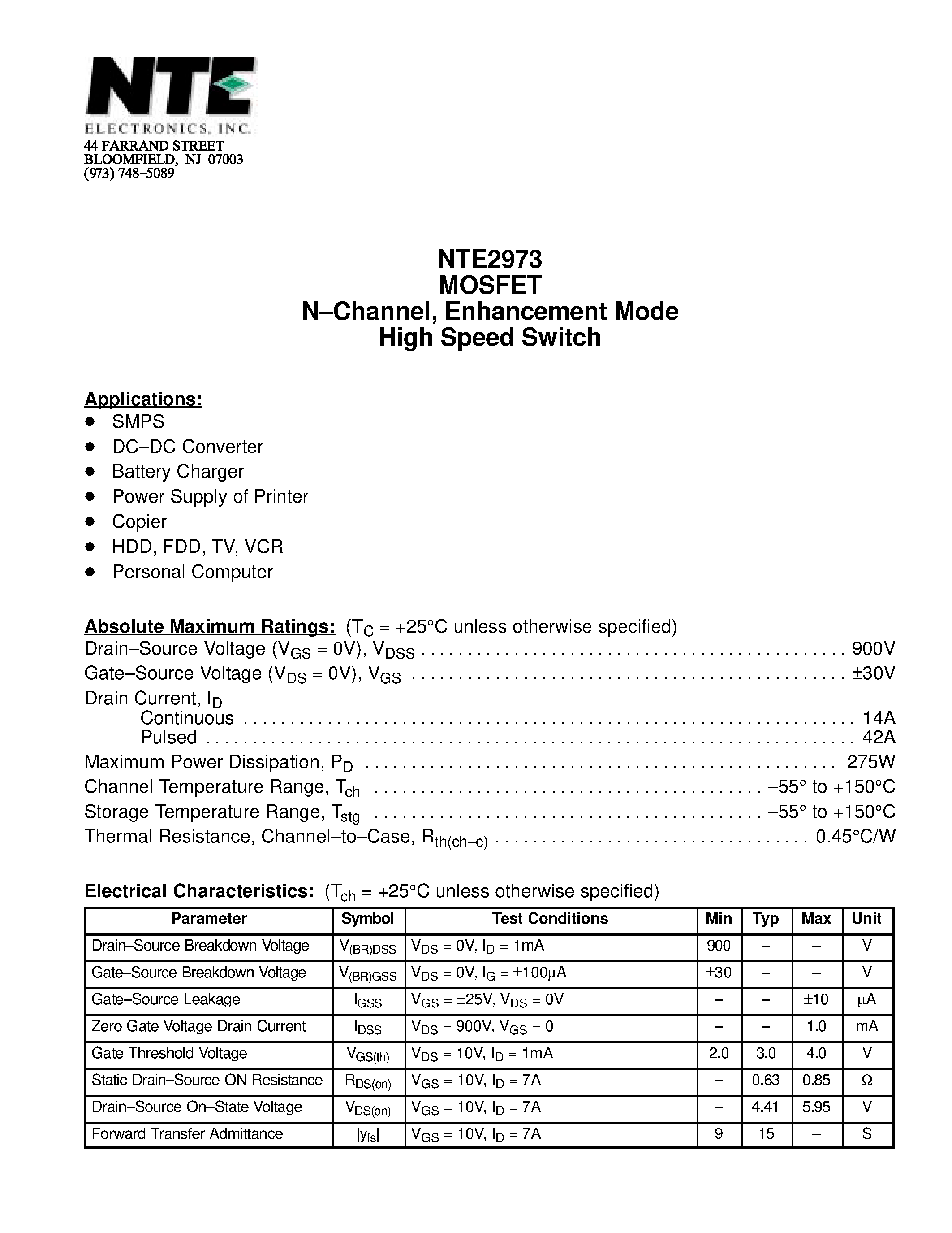 Datasheet NTE2973 - MOSFET N-Channel / Enhancement Mode High Speed Switch page 1