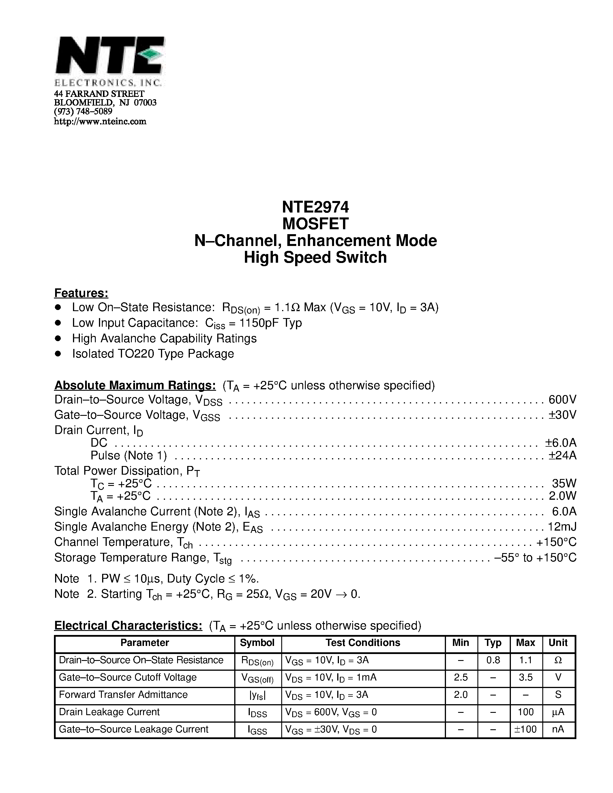Datasheet NTE2974 - MOSFET N-Channel / Enhancement Mode High Speed Switch page 1