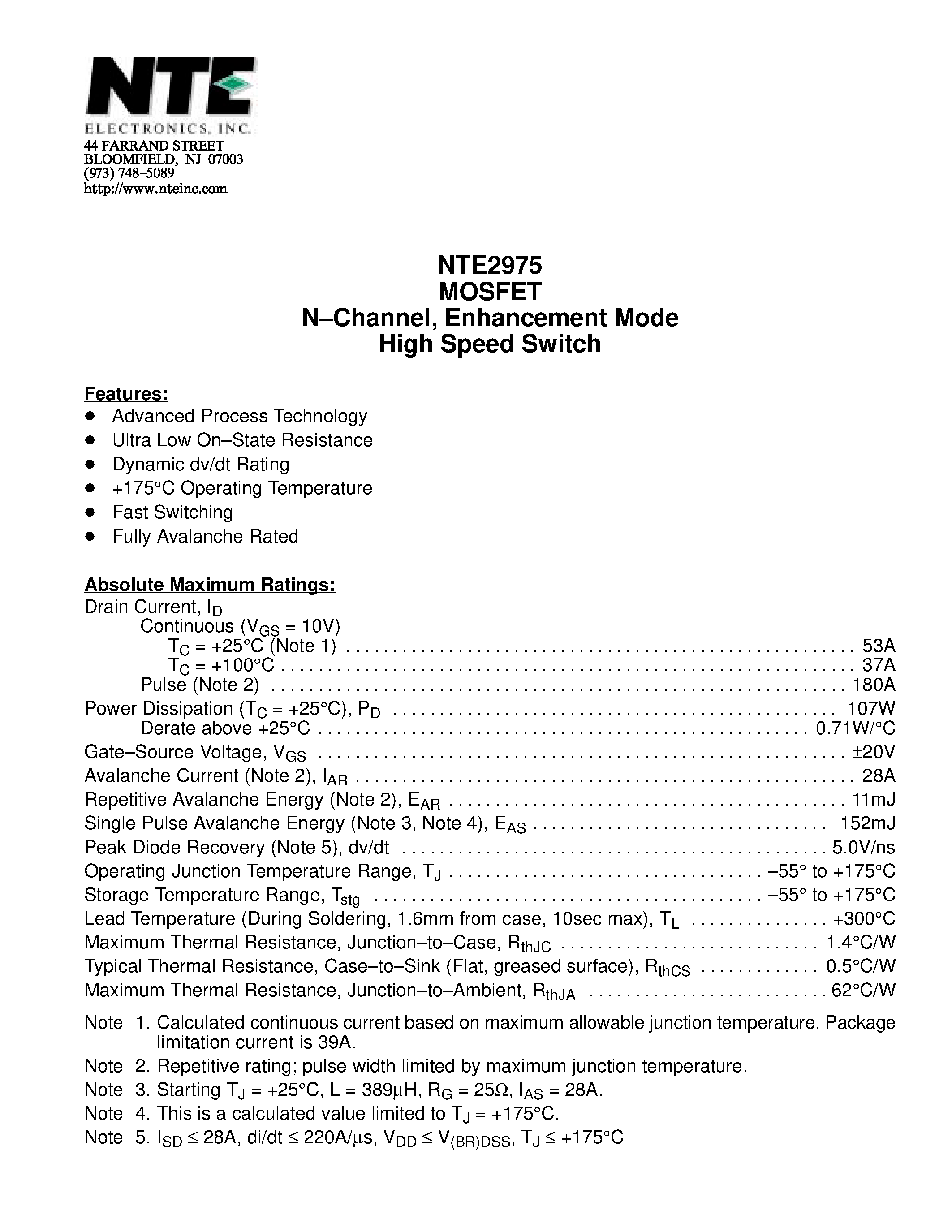 Datasheet NTE2975 - MOSFET N-Channel / Enhancement Mode High Speed Switch page 1