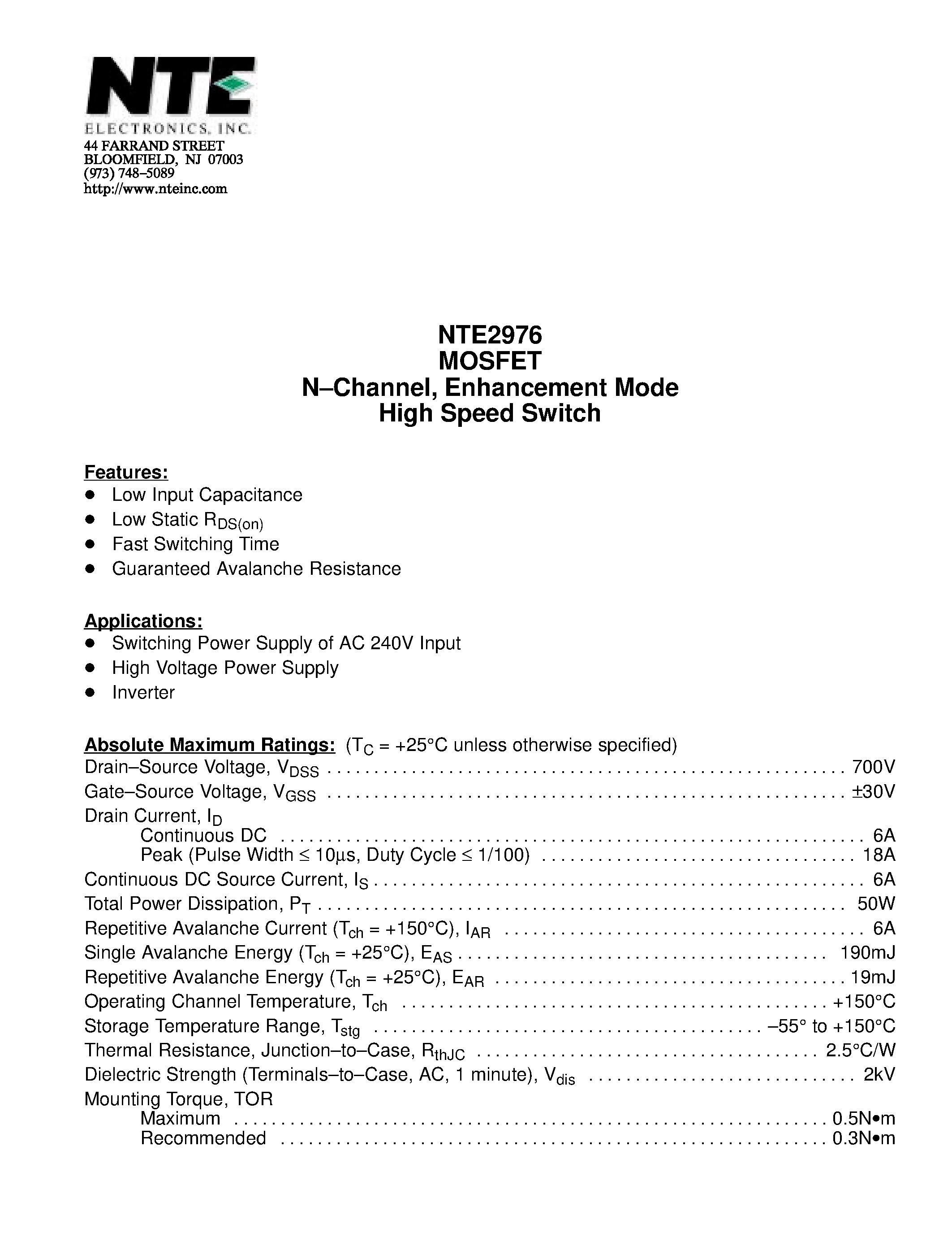 Datasheet NTE2976 - MOSFET N-Channel / Enhancement Mode High Speed Switch page 1