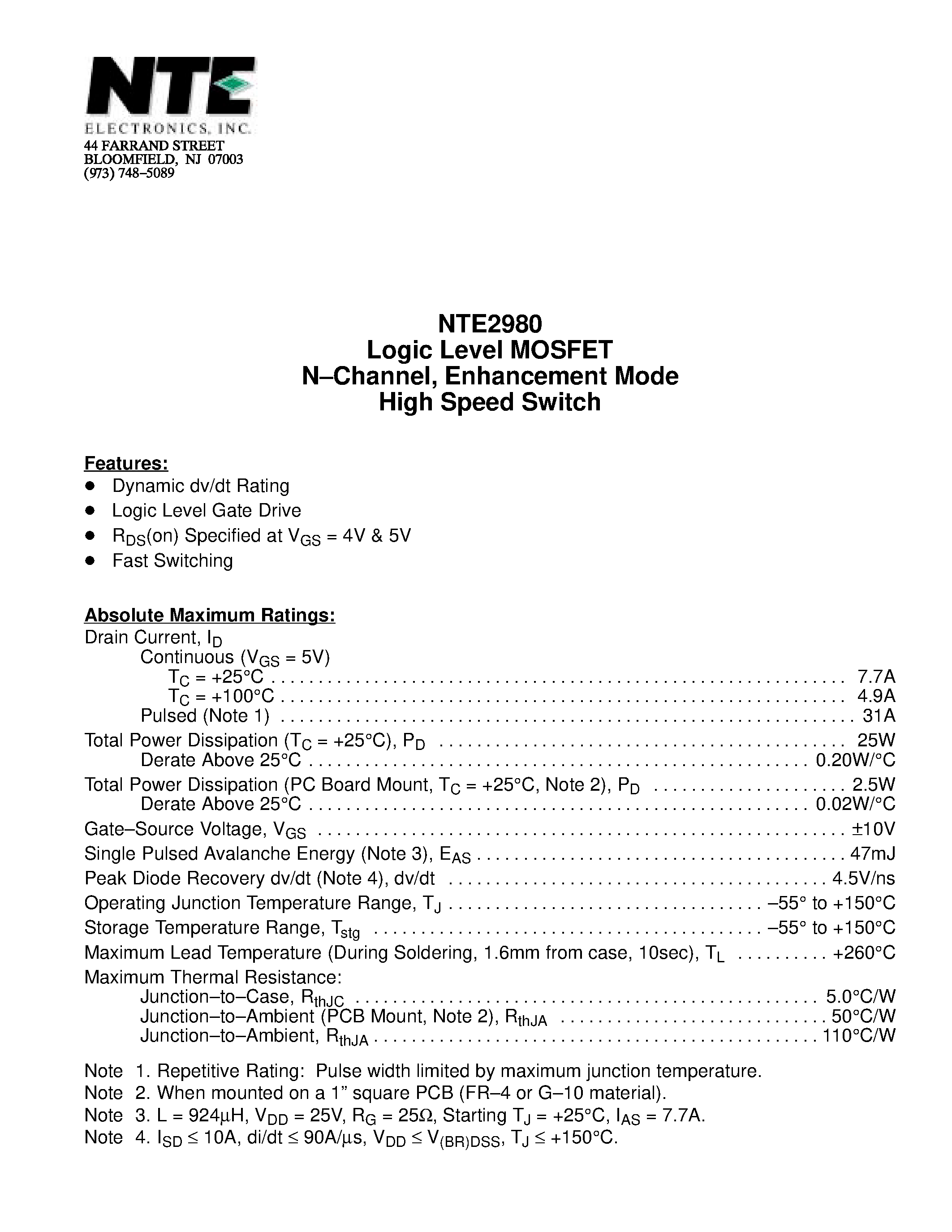 Datasheet NTE2980 - Logic Level MOSFET N-Channel / Enhancement Mode High Speed Switch page 1
