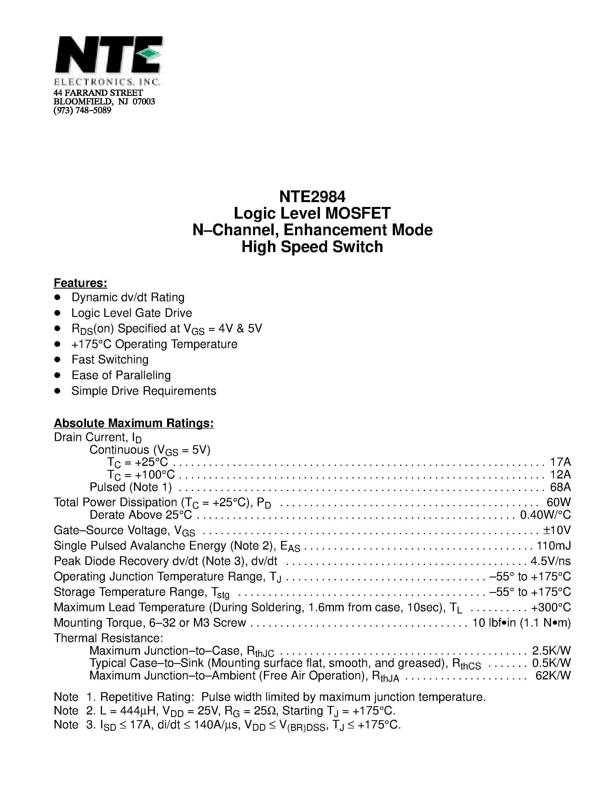 Datasheet NTE2984 - Logic Level MOSFET N-Channel / Enhancement Mode High Speed Switch page 1