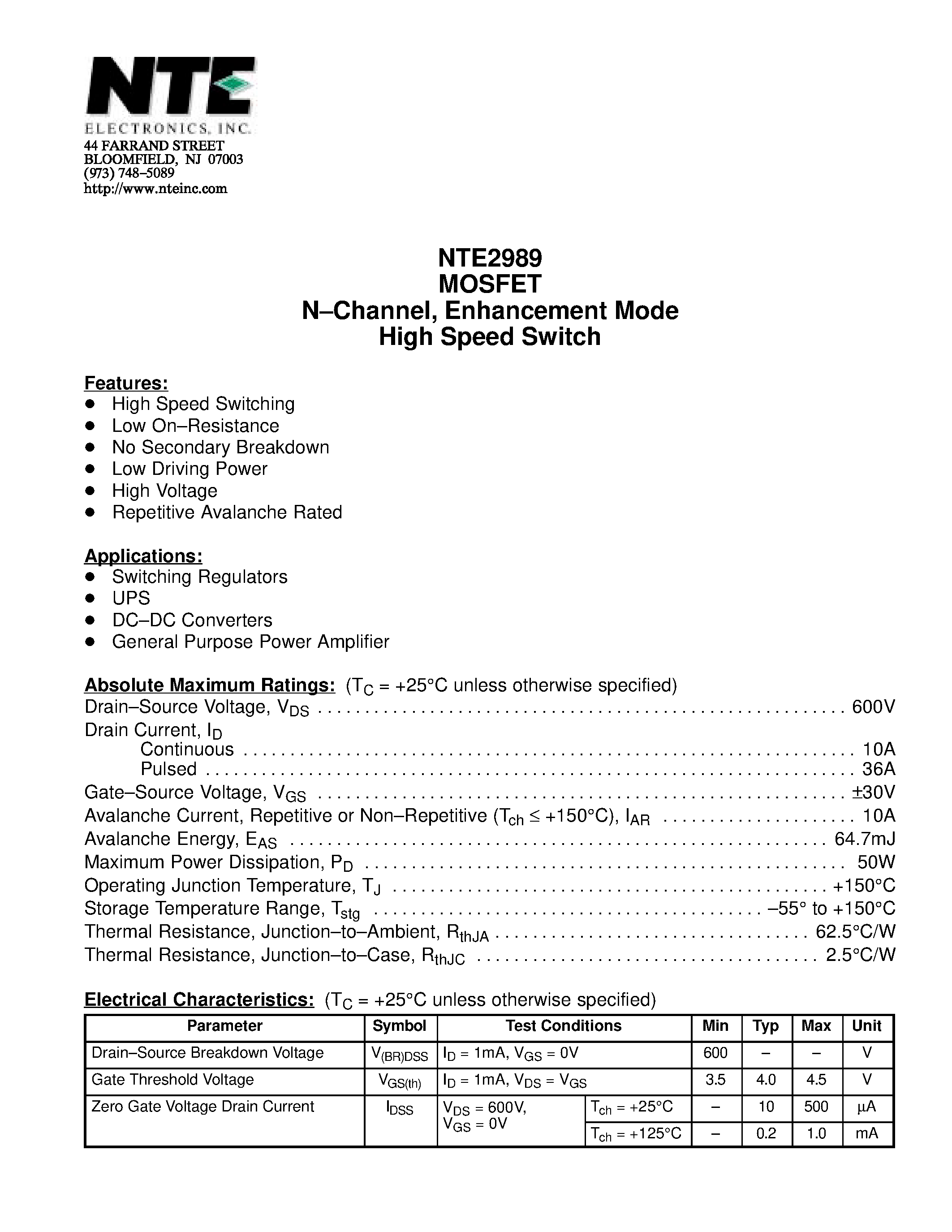 Datasheet NTE2989 - MOSFET N-Channel / Enhancement Mode High Speed Switch page 1