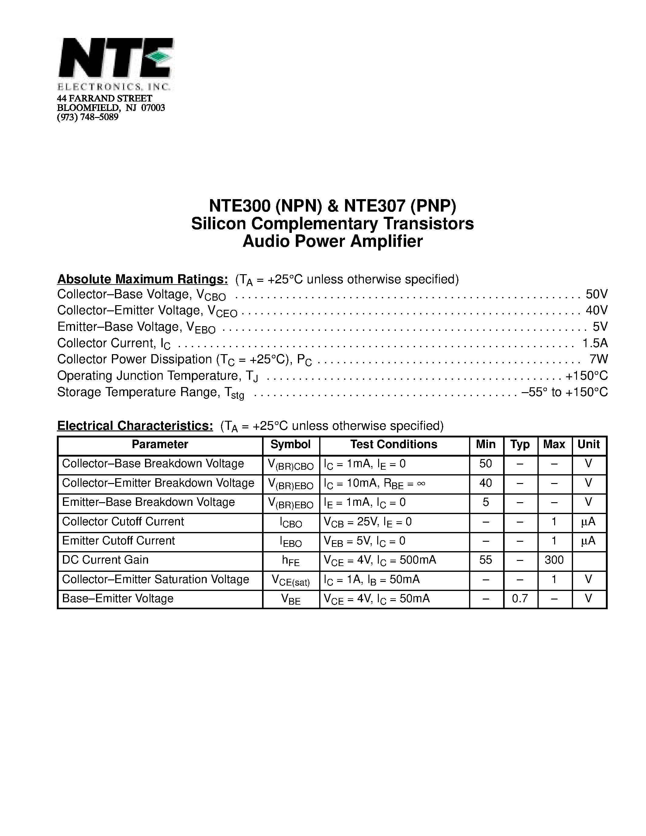 Datasheet NTE300 - Silicon Complementary Transistors Audio Power Amplifier page 1