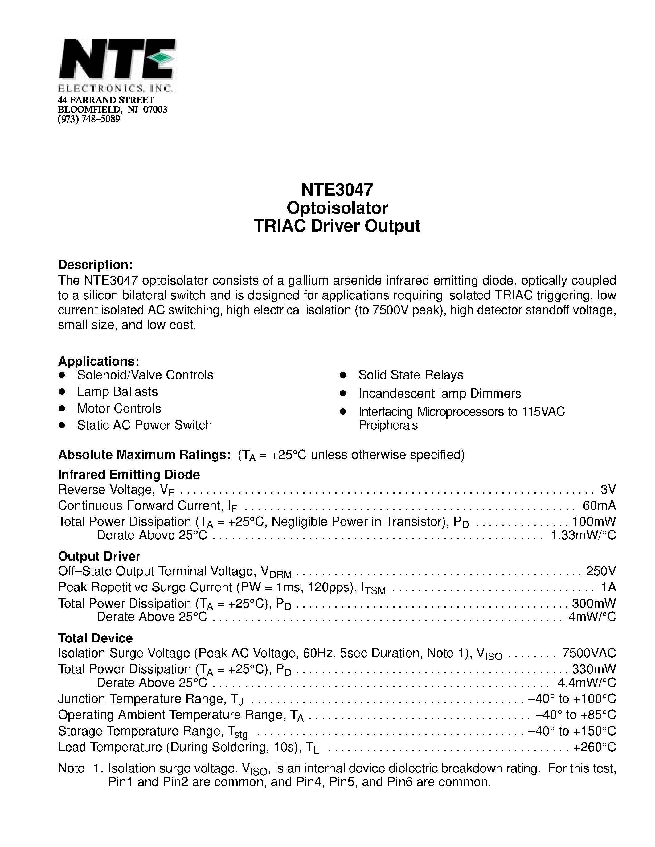 Datasheet NTE3047 - Optoisolator TRIAC Driver Output page 1