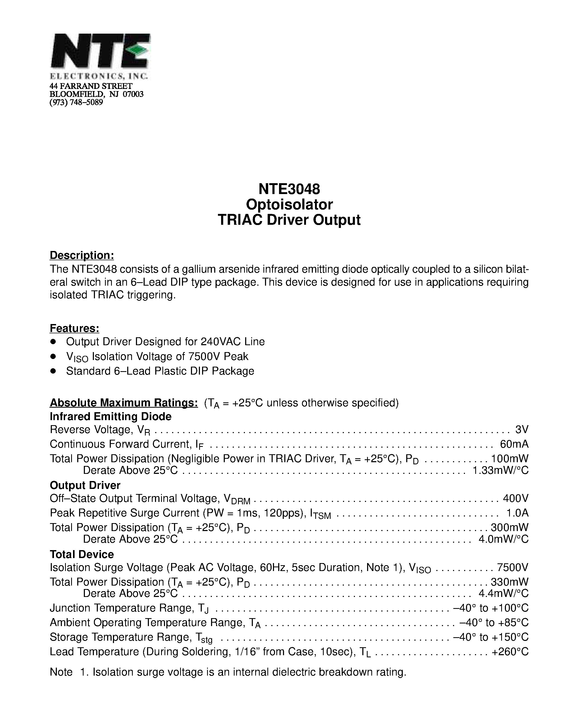 Datasheet NTE3048 - Optoisolator TRIAC Driver Output page 1