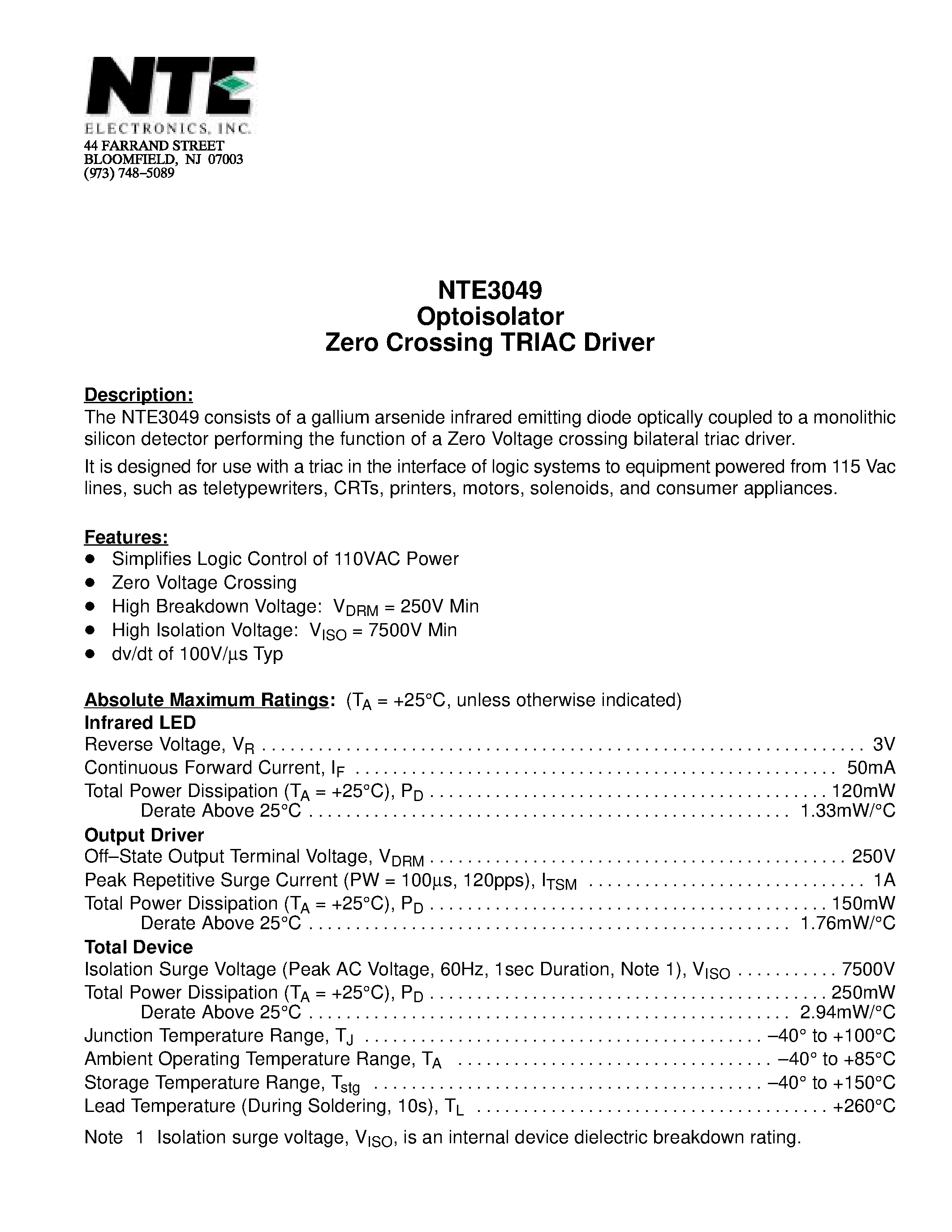 Datasheet NTE3049 - Optoisolator Zero Crossing TRIAC Driver page 1