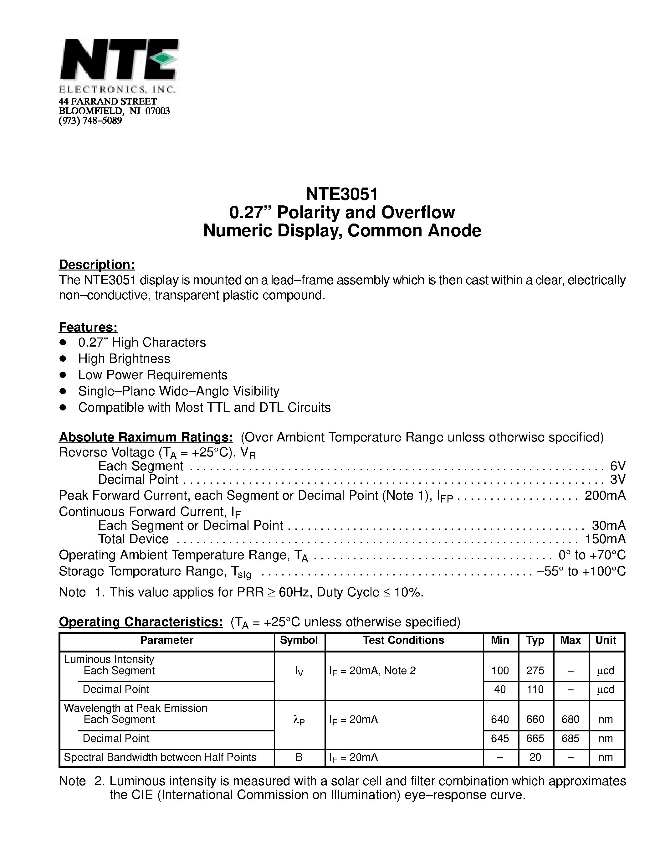 Datasheet NTE3051 - 0.27 Polarity and Overflow Numeric Display / Common Anode page 1
