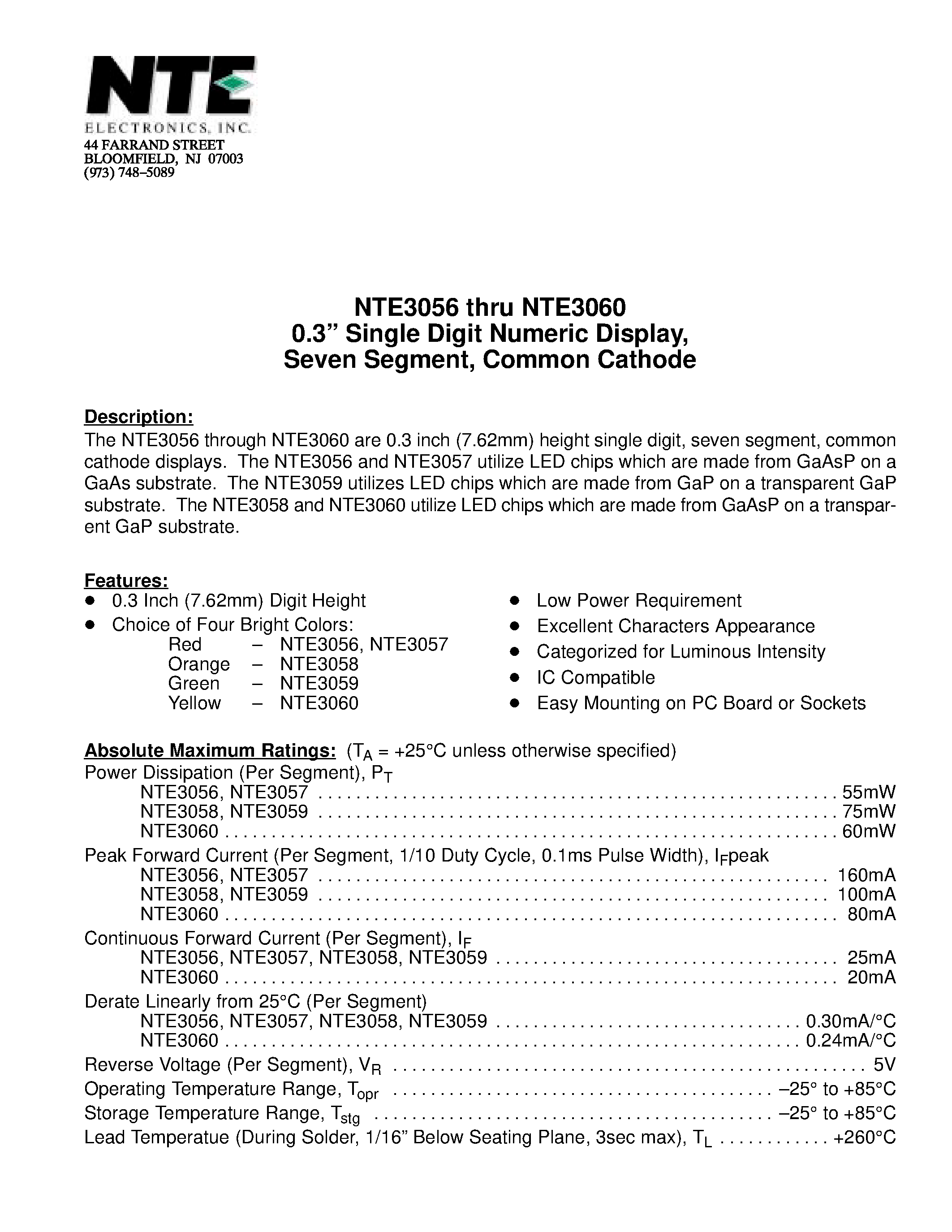 Datasheet NTE3056 page 1 Datasheet NTE3056 - 0.3 Single Digit Numeric Display / Seven Segment / Common Cathode page 1