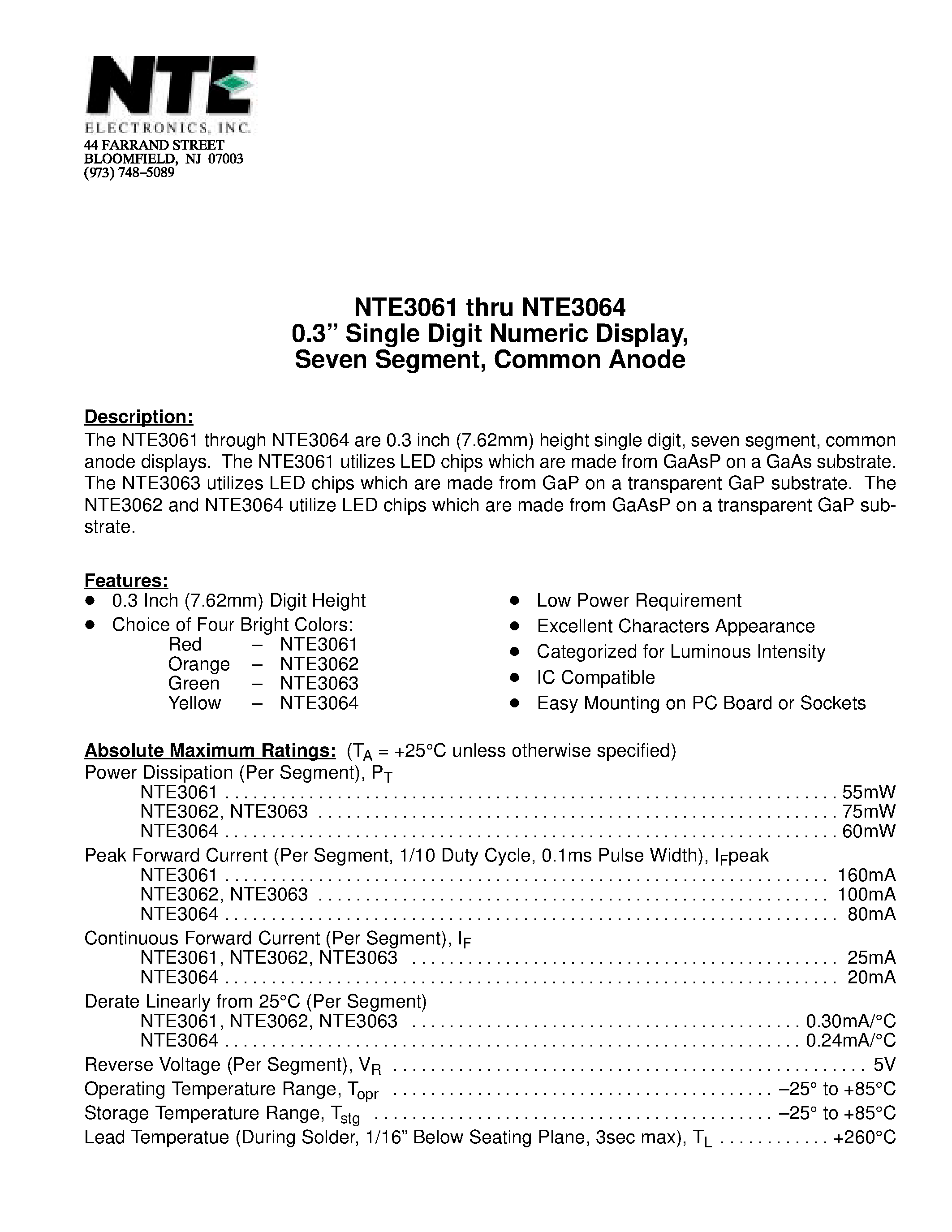 Datasheet NTE3064 page 1 Datasheet NTE3064 - 0.3 Single Digit Numeric Display / Seven Segment / Common Anode page 1
