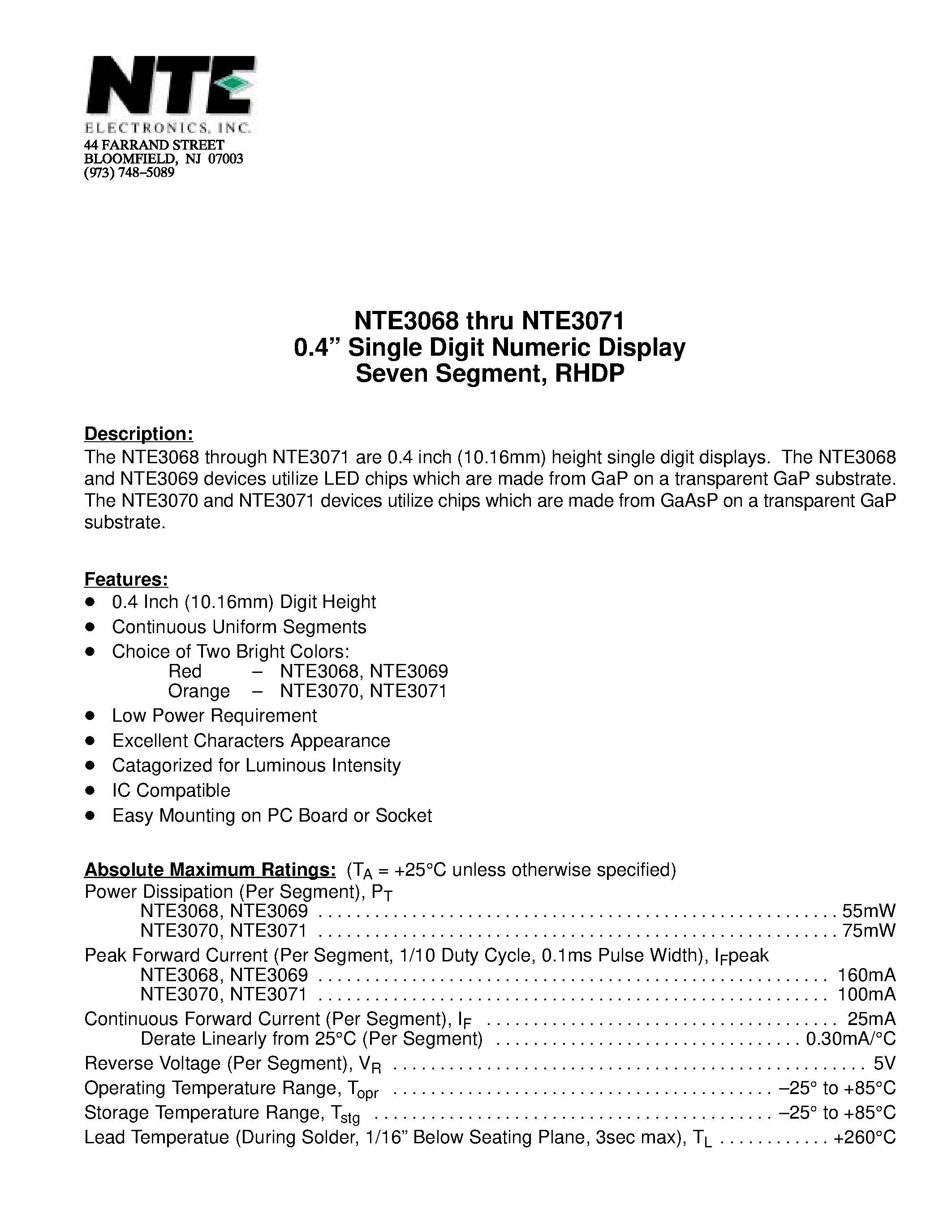 Datasheet NTE3068 - 0.4 Single Digit Numeric Display Seven Segment / RHDP page 1