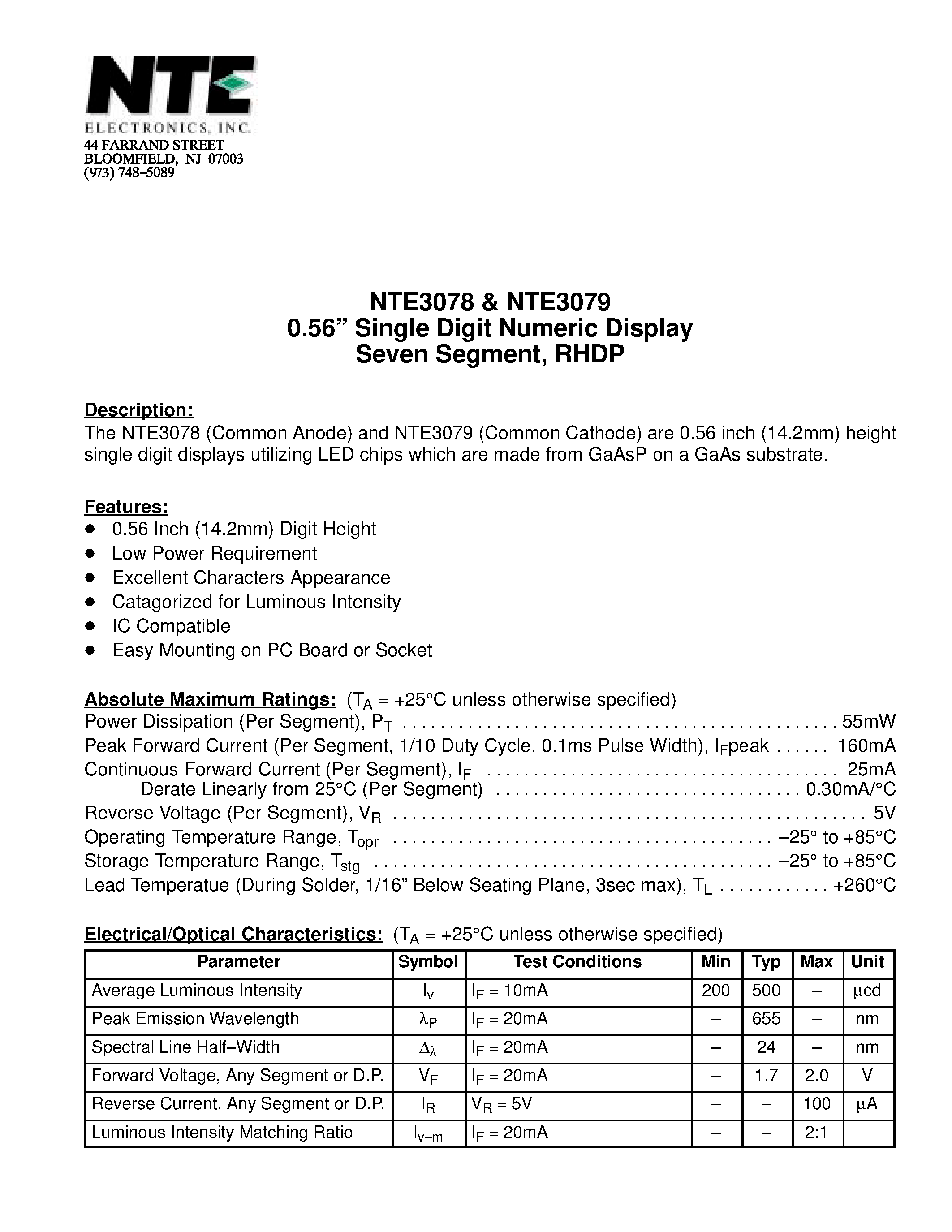 Datasheet NTE3078 - 0.56 Single Digit Numeric Display Seven Segment / RHDP page 1