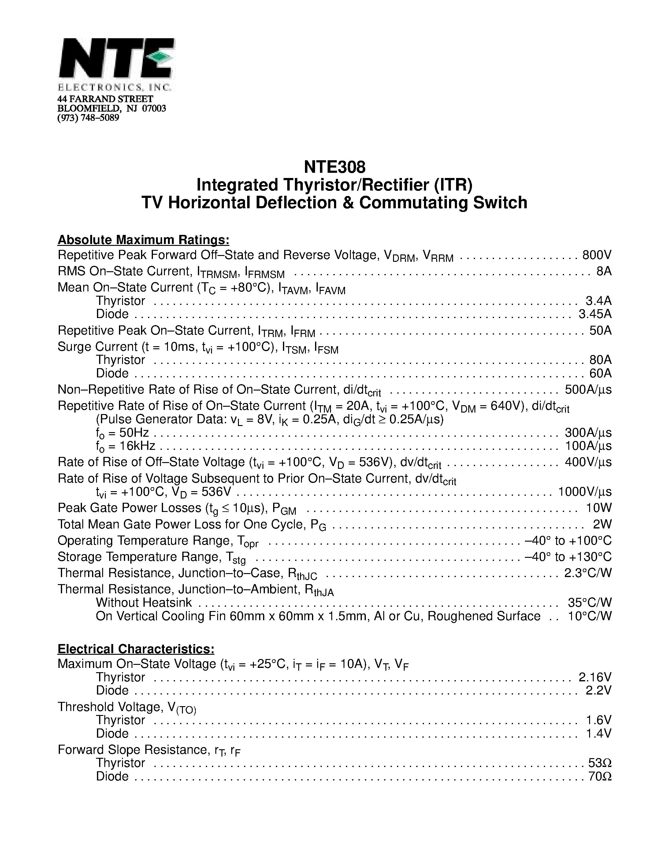Даташит NTE308 - Integrated Thyristor/Rectifier (ITR) TV Horizontal Deflection & Commutating Switch страница 1