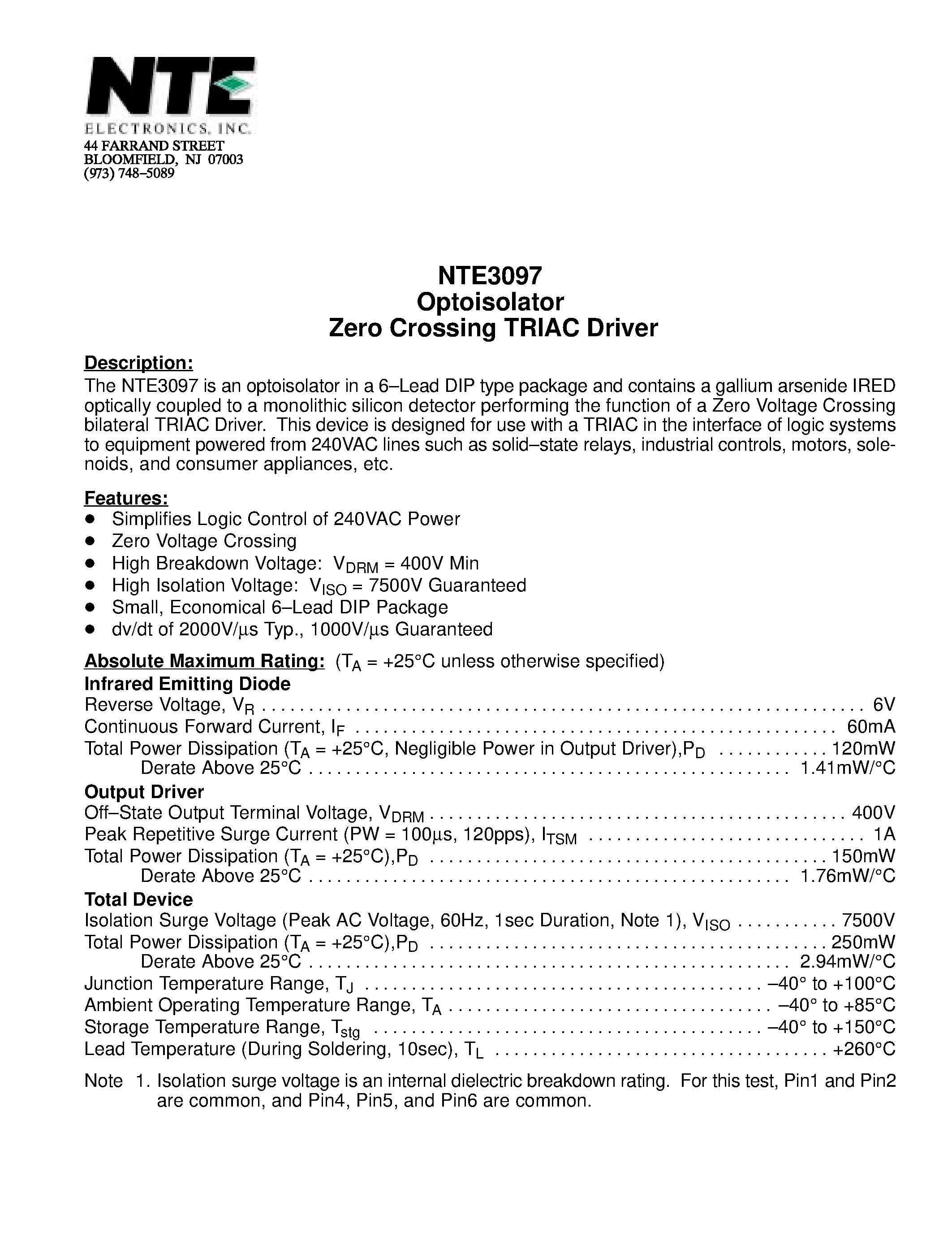 Datasheet NTE3097 - Optoisolator Zero Crossing TRIAC Driver page 1