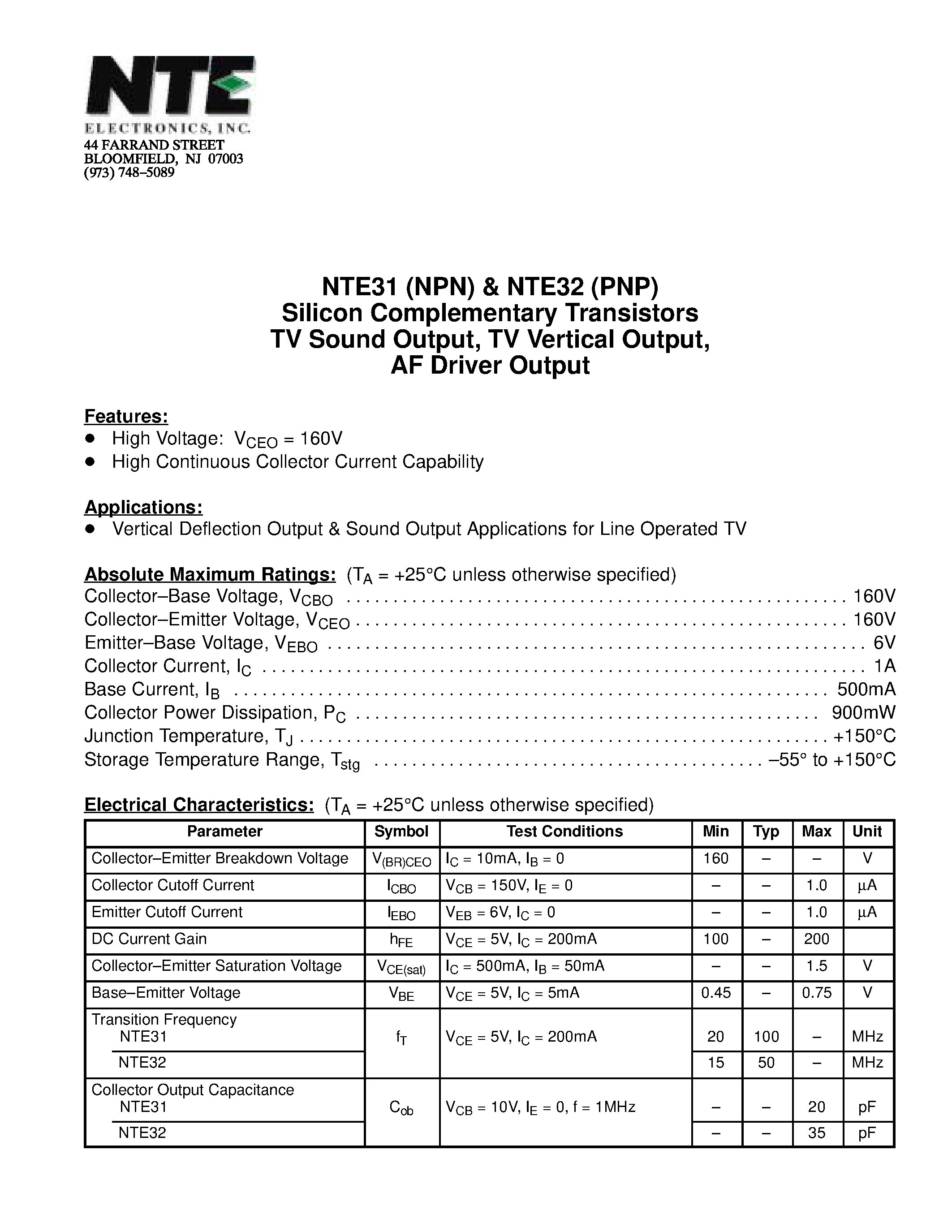 Datasheet NTE31 - Silicon Complementary Transistors TV Sound Output / TV Vertical Output / AF Driver Output page 1
