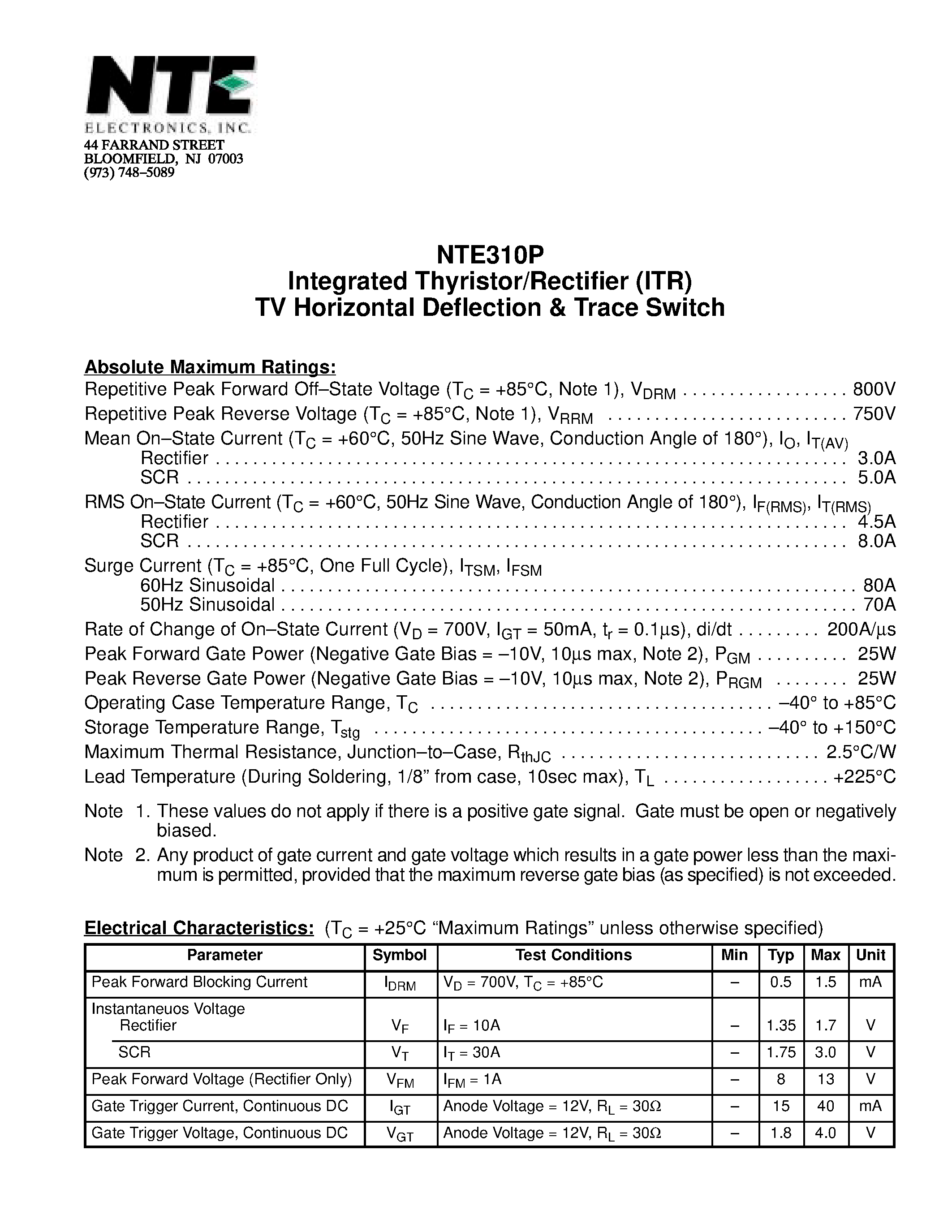 Даташит NTE310P - Integrated Thyristor/Rectifier (ITR) TV Horizontal Deflection & Trace Switch страница 1
