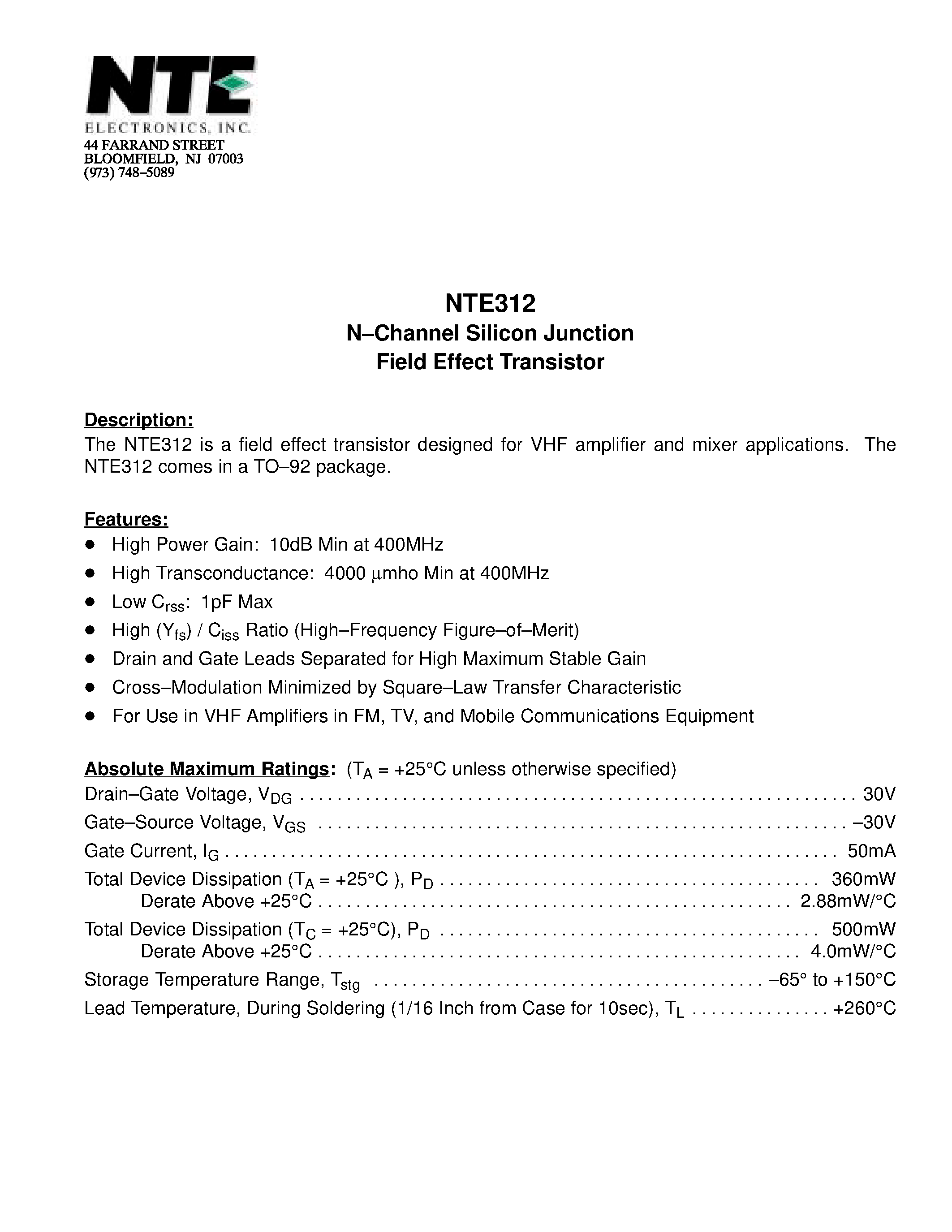 Datasheet NTE312 - N-Channel Silicon Junction Field Effect Transistor page 1