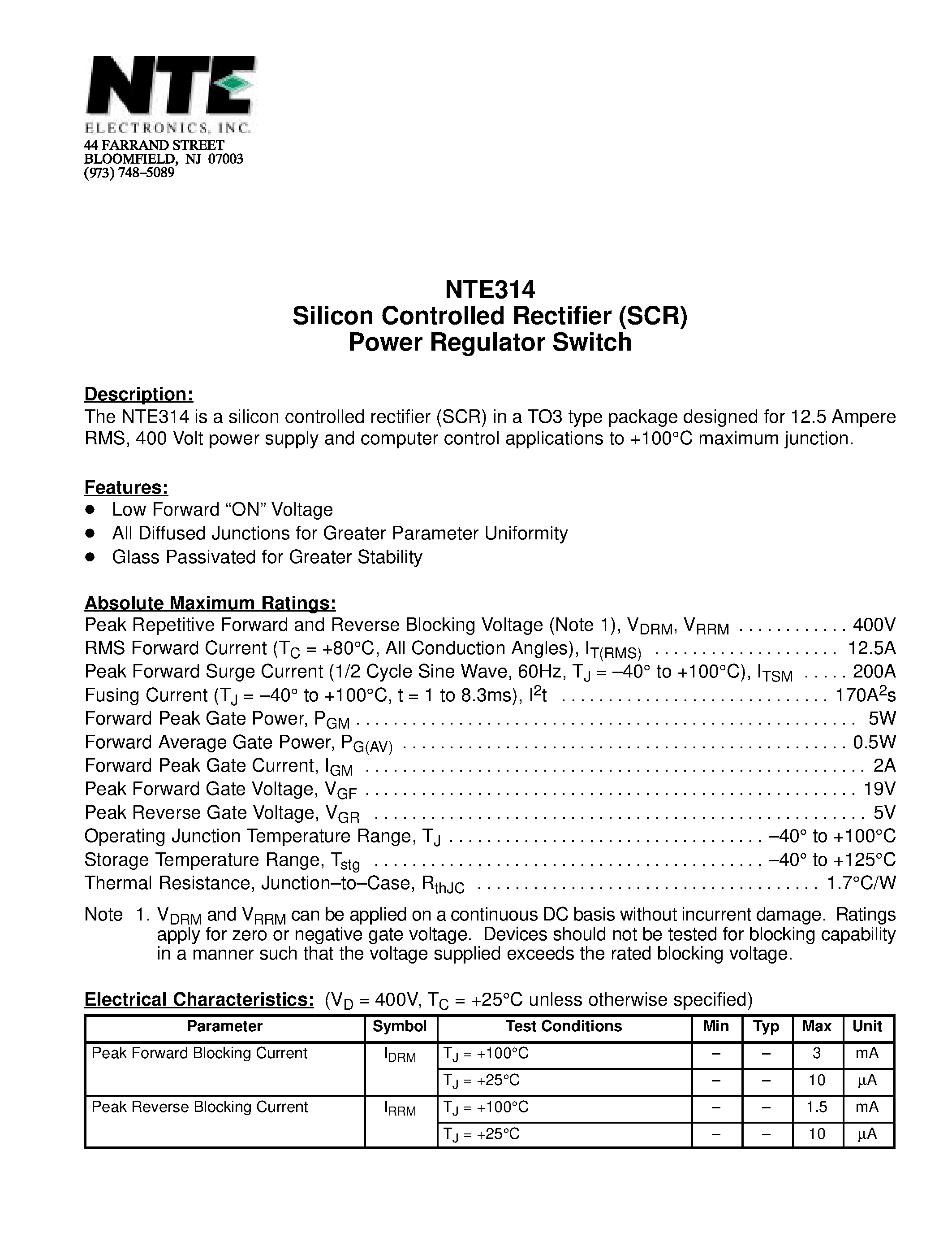 Даташит NTE314 - Silicon Controlled Rectifier (SCR) Power Regulator Switch страница 1