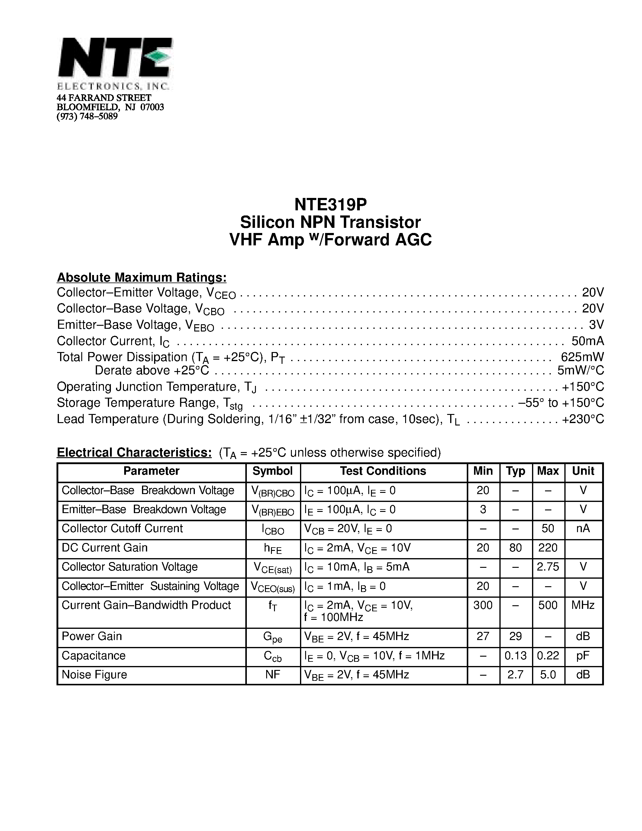 Даташит NTE319 - Silicon NPN Transistor VHF Amp w/Forward AGC страница 1