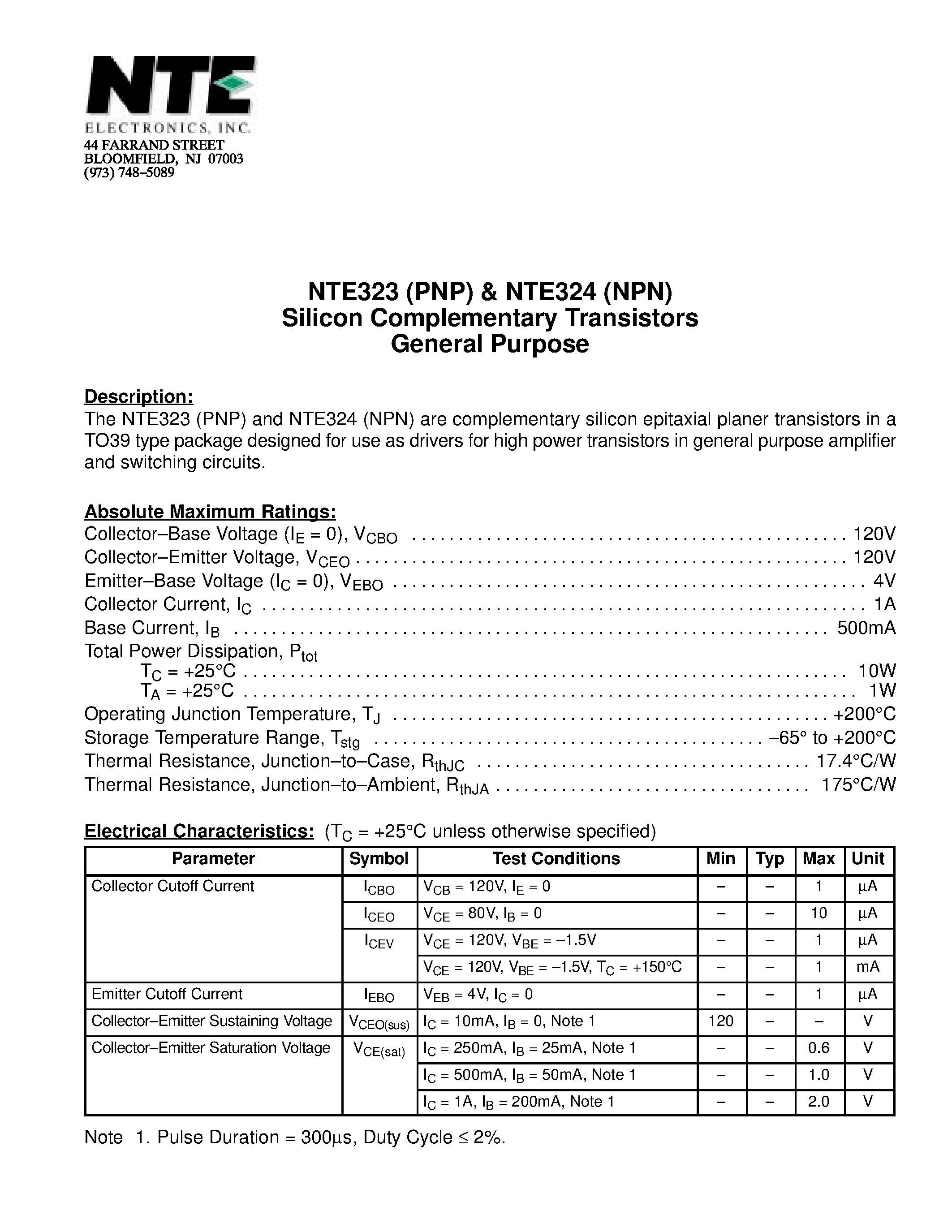 Datasheet NTE323 - Silicon Complementary Transistors General Purpose page 1
