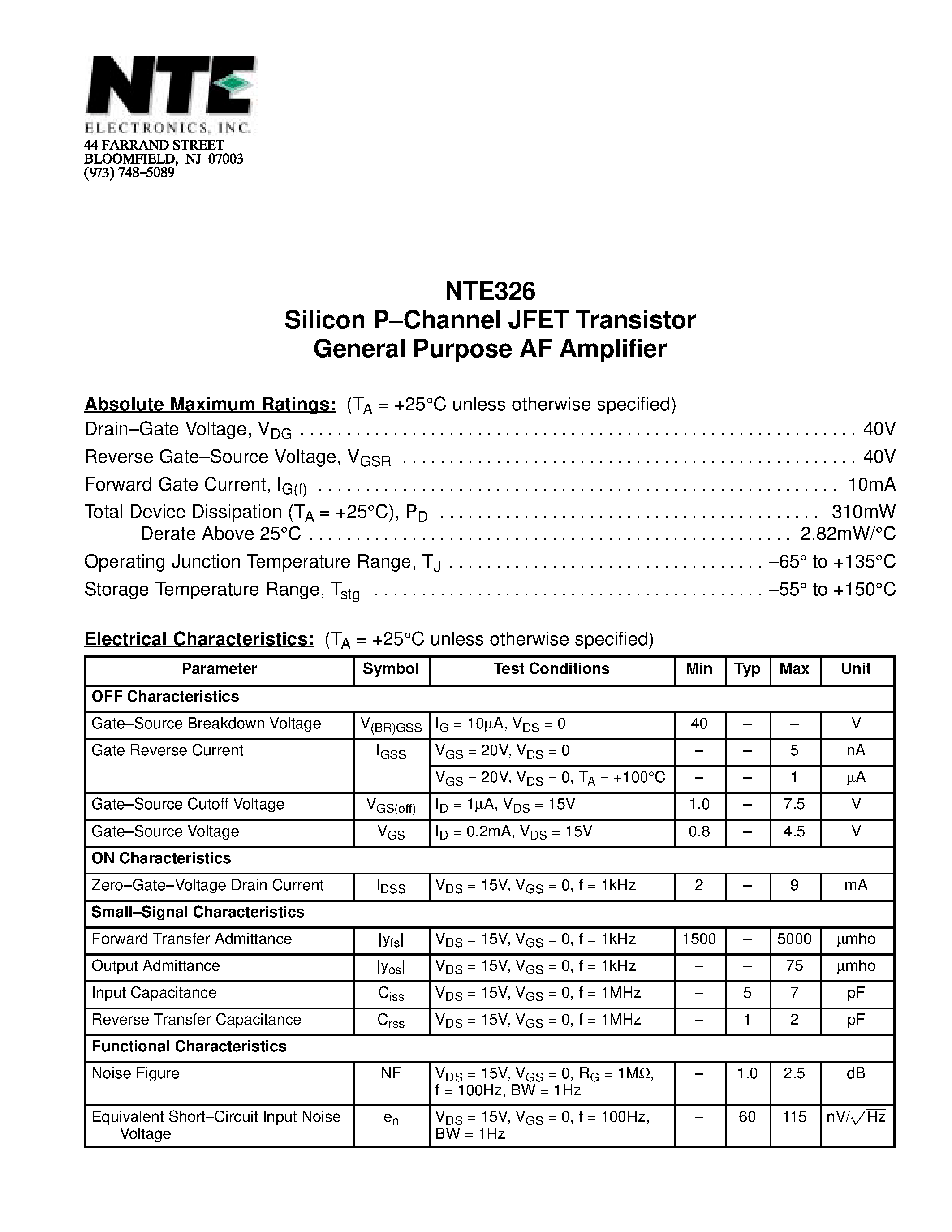 Даташит NTE326 - Silicon P-Channel JFET Transistor General Purpose AF Amplifier страница 1