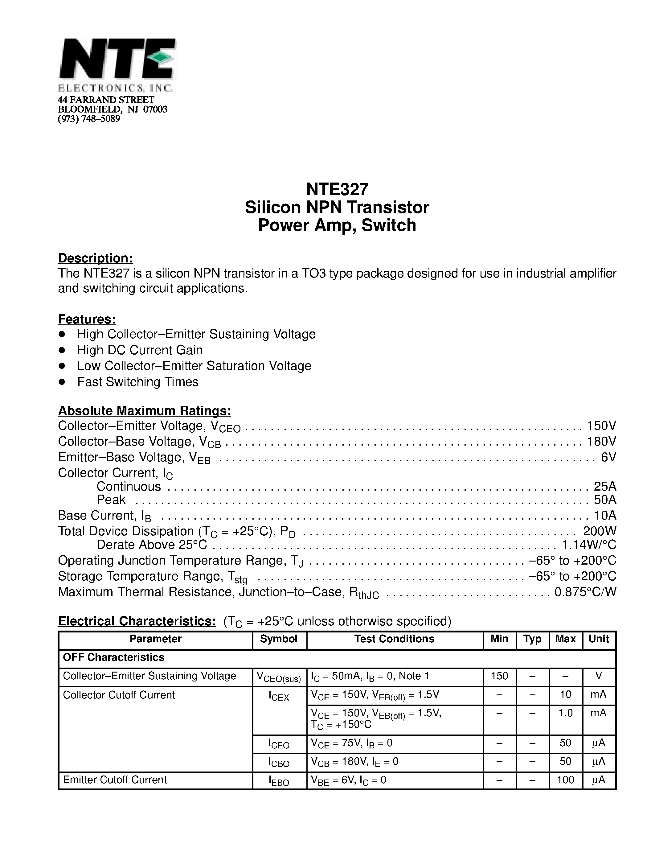 Datasheet NTE327 - Silicon NPN Transistor Power Amp / Switch page 1