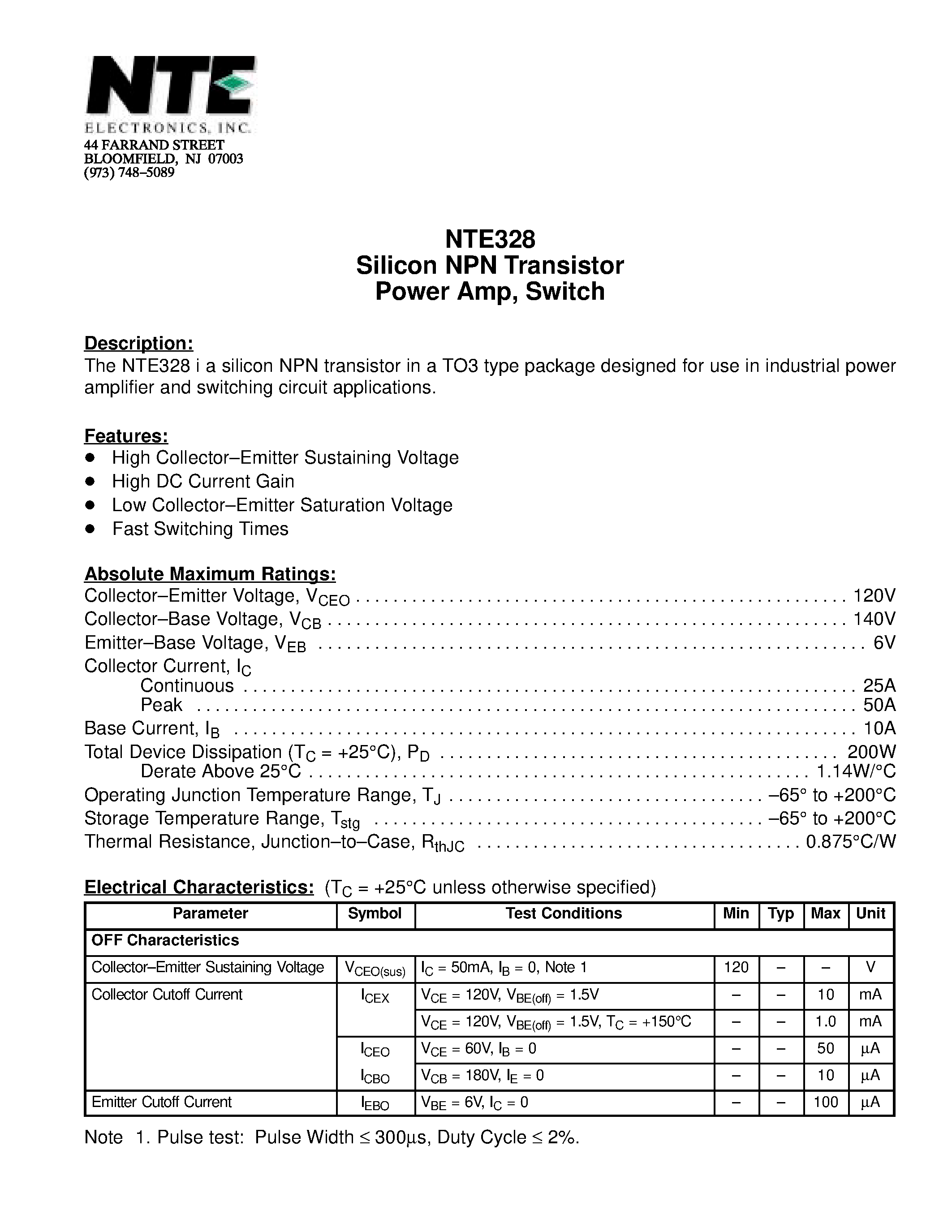 Datasheet NTE328 - Silicon NPN Transistor Power Amp / Switch page 1