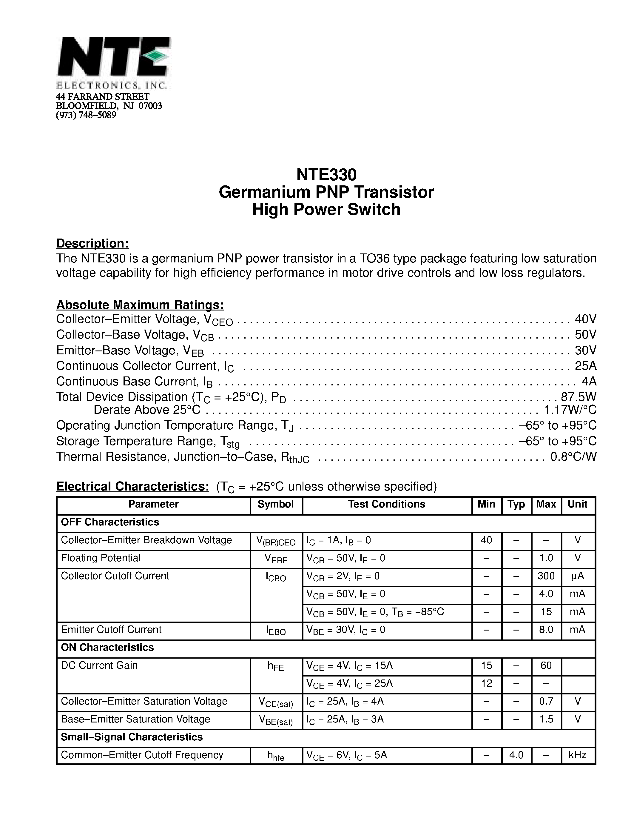 Datasheet NTE330 - Germanium PNP Transistor High Power Switch page 1