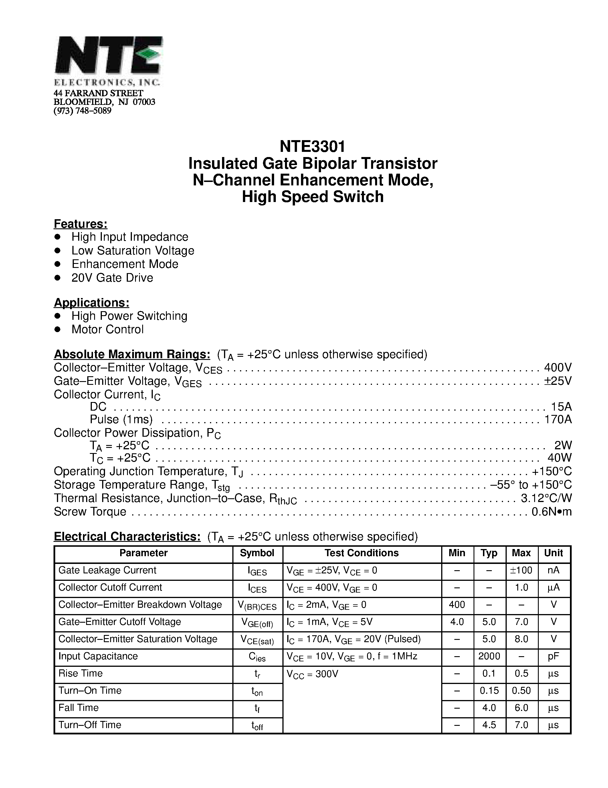 Datasheet NTE3301 - Insulated Gate Bipolar Transistor N-Channel Enhancement Mode / High Speed Switch page 1