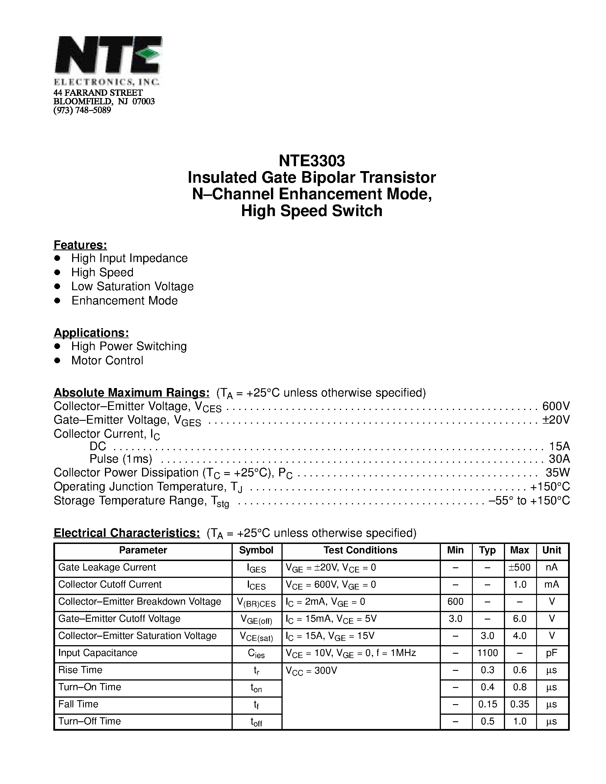 Datasheet NTE3303 - Insulated Gate Bipolar Transistor N-Channel Enhancement Mode / High Speed Switch page 1