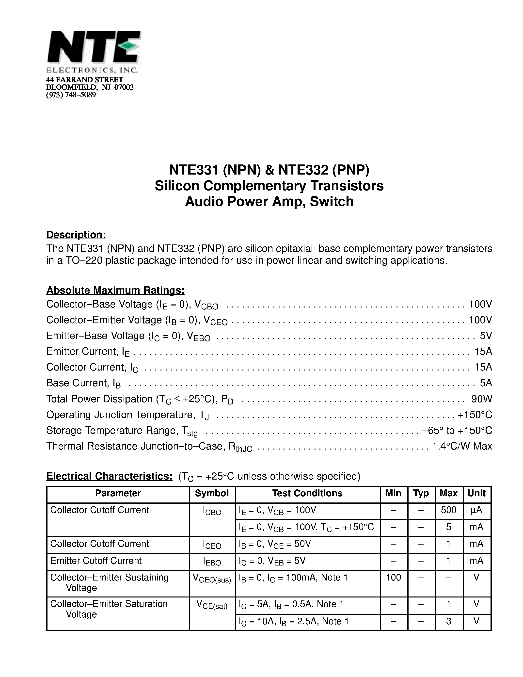 Datasheet NTE331 - Silicon Complementary Transistors Audio Power Amp / Switch page 1
