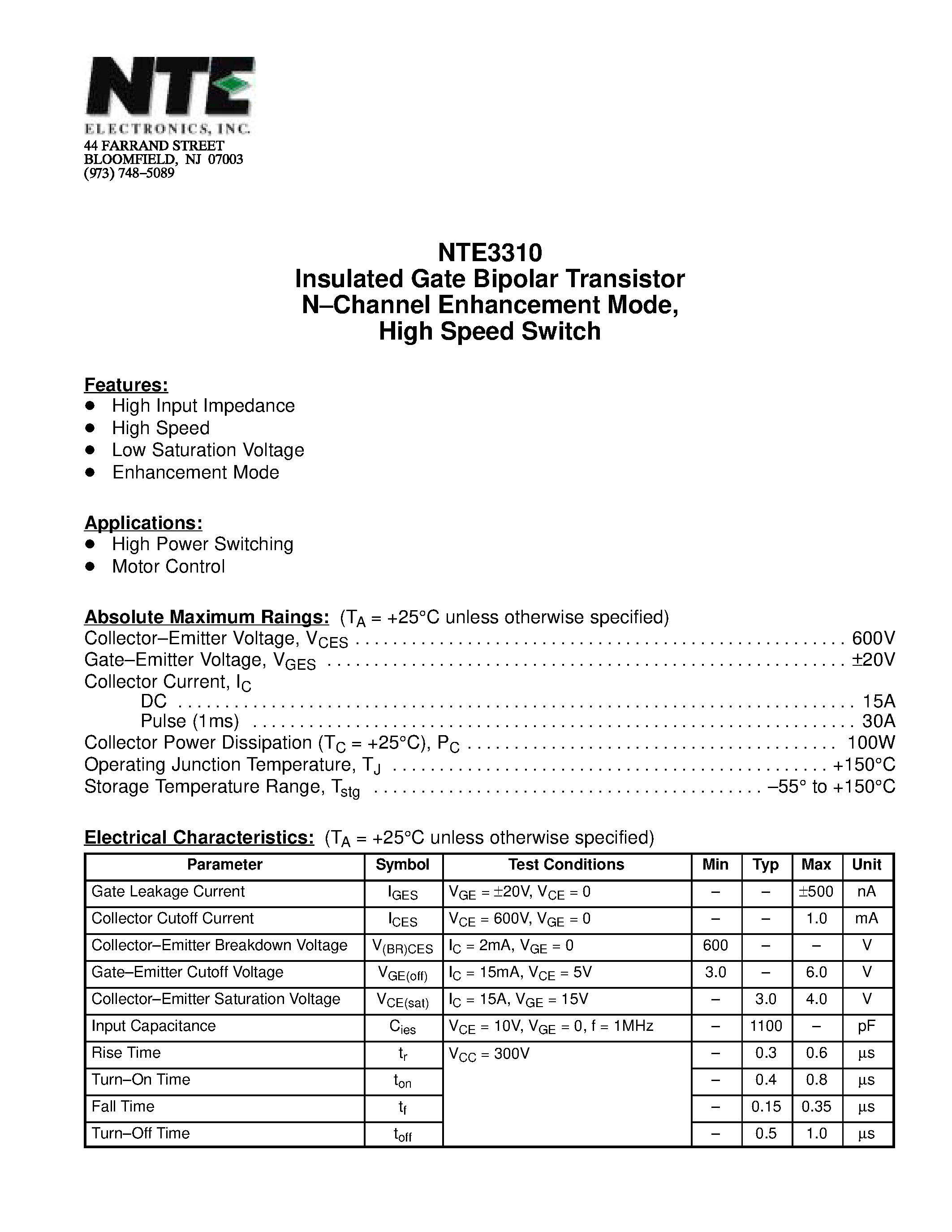 Datasheet NTE3310 - Insulated Gate Bipolar Transistor N-Channel Enhancement Mode / High Speed Switch page 1