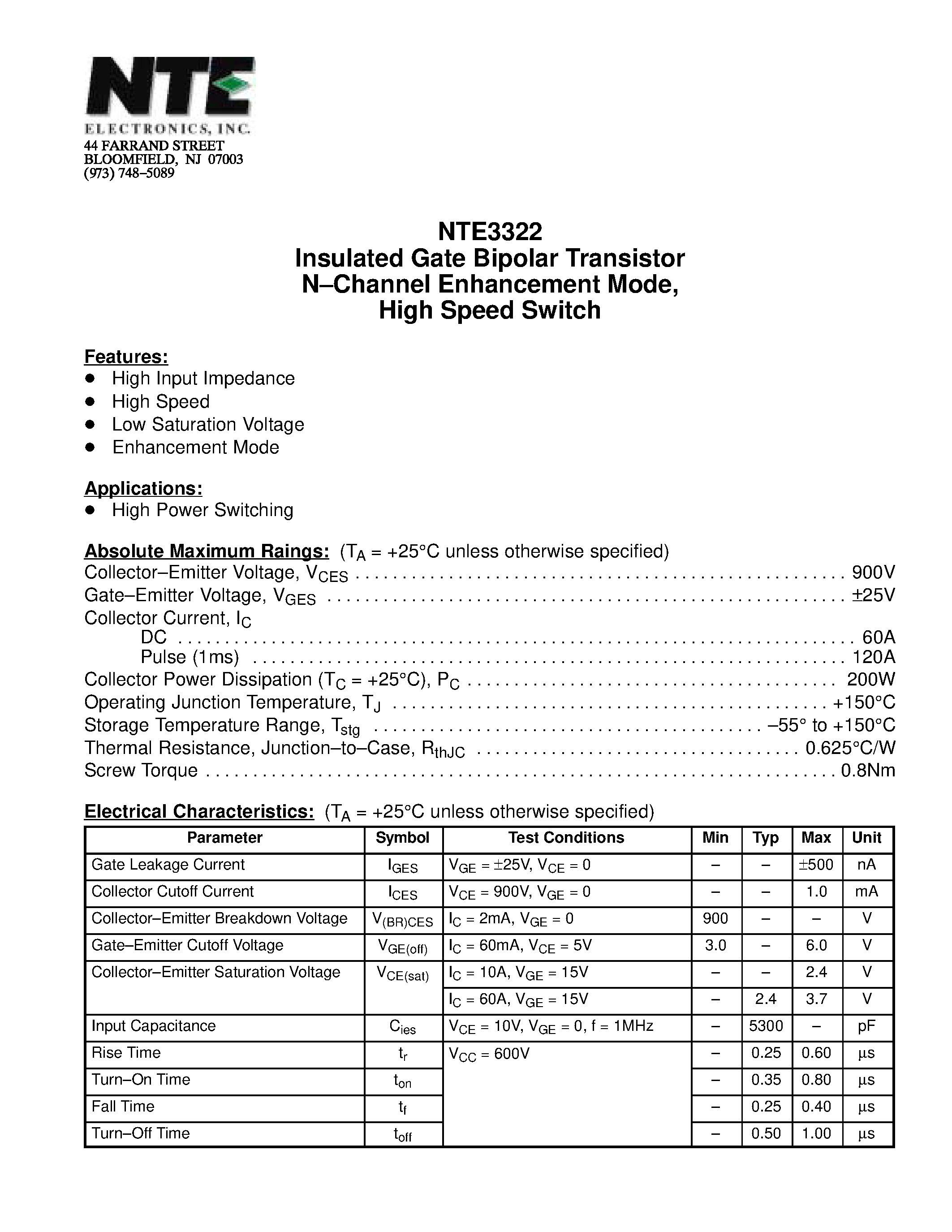 Datasheet NTE3322 - Insulated Gate Bipolar Transistor N-Channel Enhancement Mode / High Speed Switch page 1
