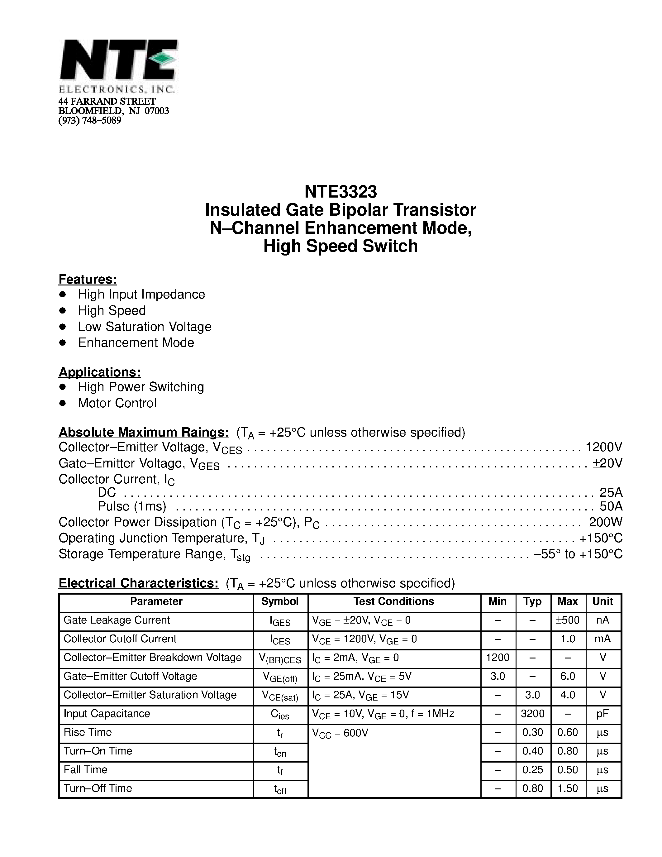 Datasheet NTE3323 - Insulated Gate Bipolar Transistor N-Channel Enhancement Mode / High Speed Switch page 1