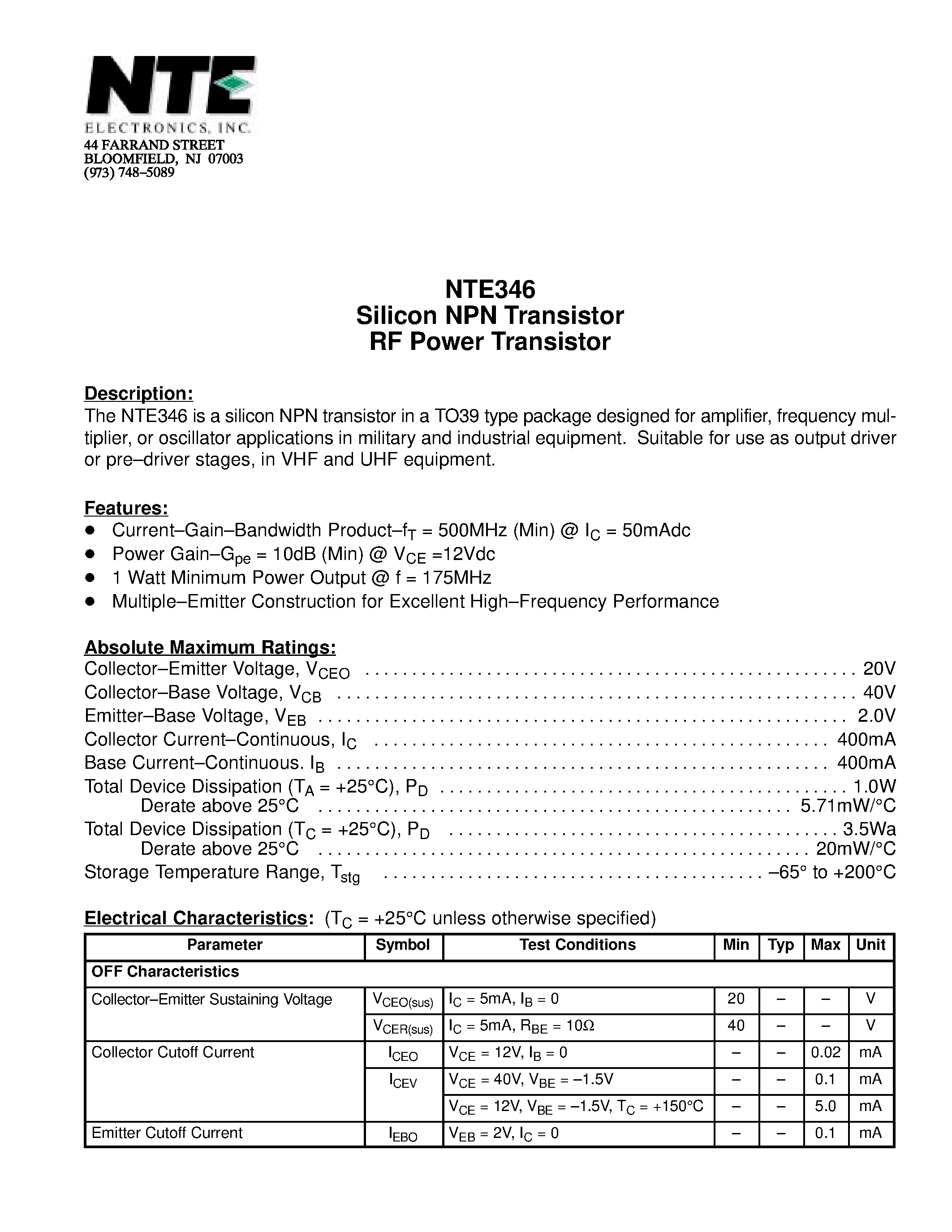 Datasheet NTE346 - Silicon NPN Transistor RF Power Transistor page 1
