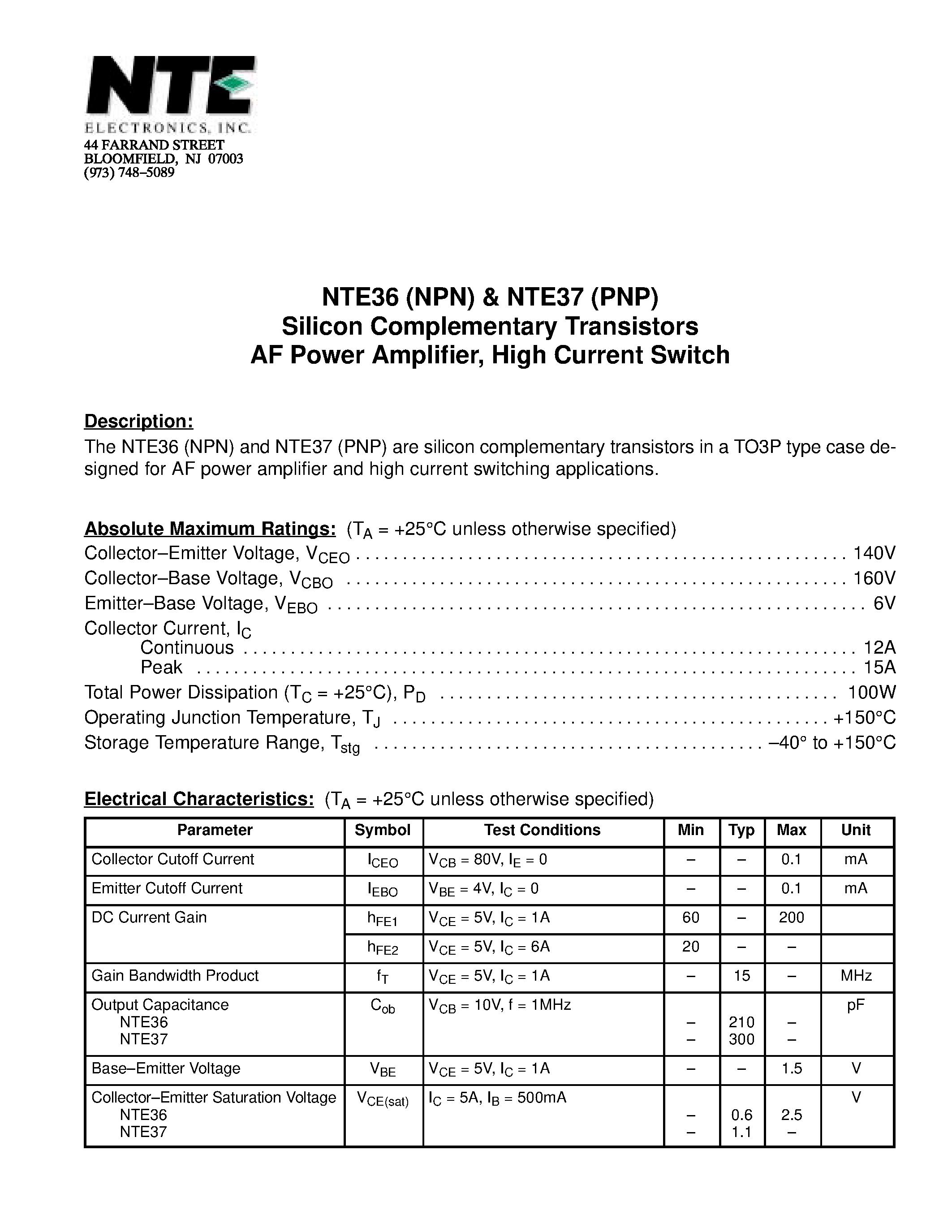 Datasheet NTE36(NPN) - Silicon Complementary Transistors AF Power Amplifier / High Current Switch page 1