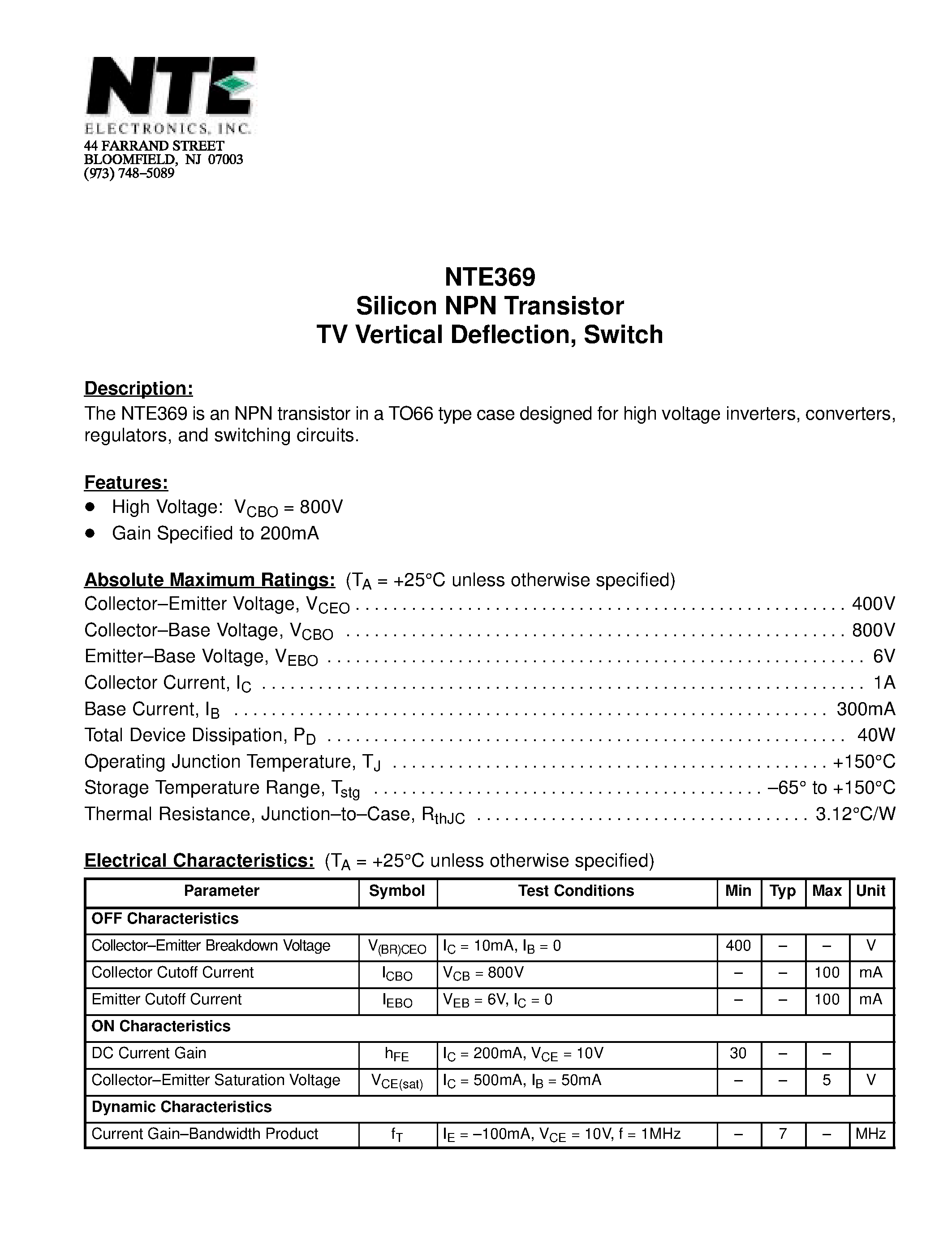 Datasheet NTE369 page 1 Datasheet NTE369 - Silicon NPN Transistor TV Vertical Deflection / Switch page 1