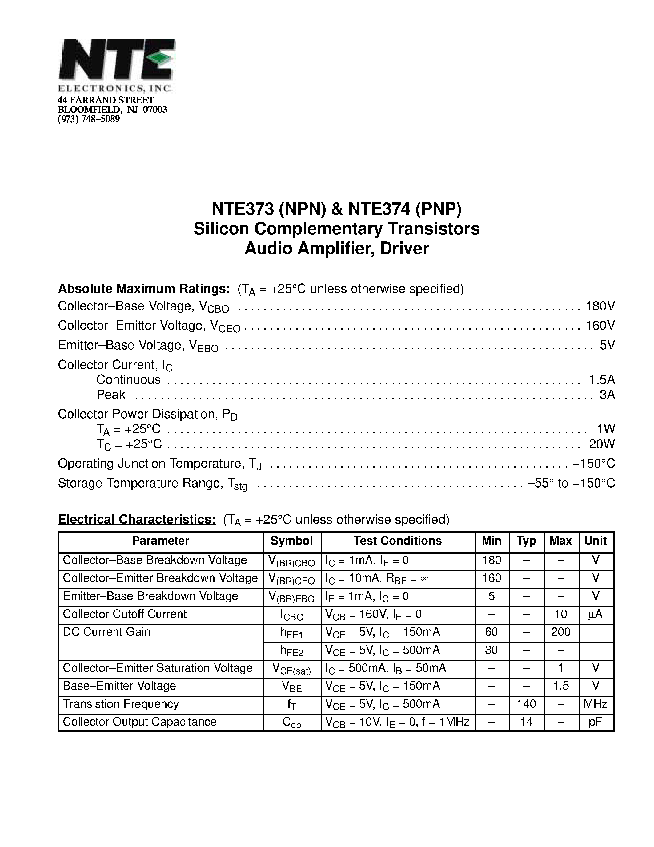 Datasheet NTE373 - Silicon Complementary Transistors Audio Amplifier / Driver page 1